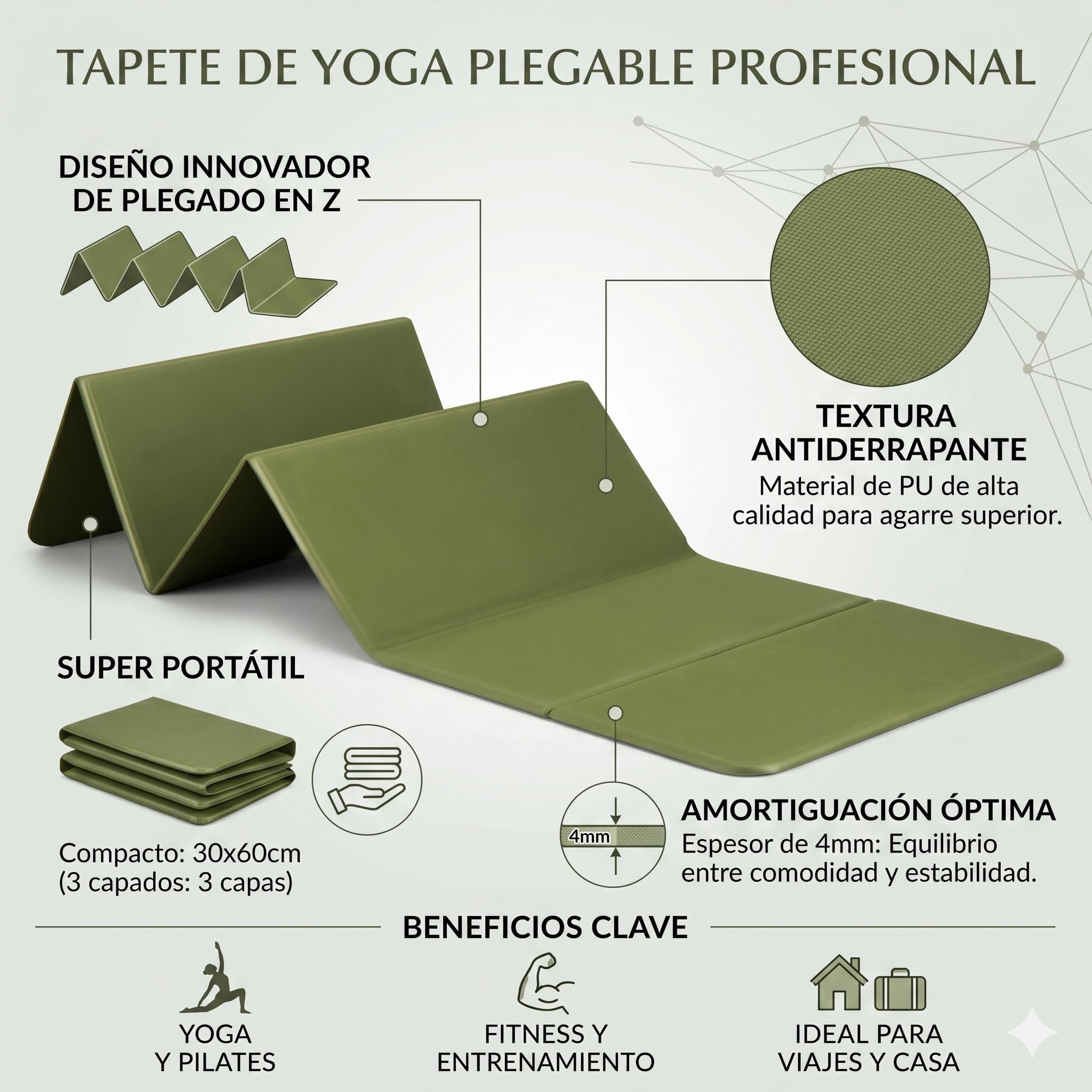 Tapete de Yoga Plegable Antiderrapante, 3mm, Portátil y Ligero, para Yoga, Pilates, Fitness y Entrenamiento en Casa o Viaje