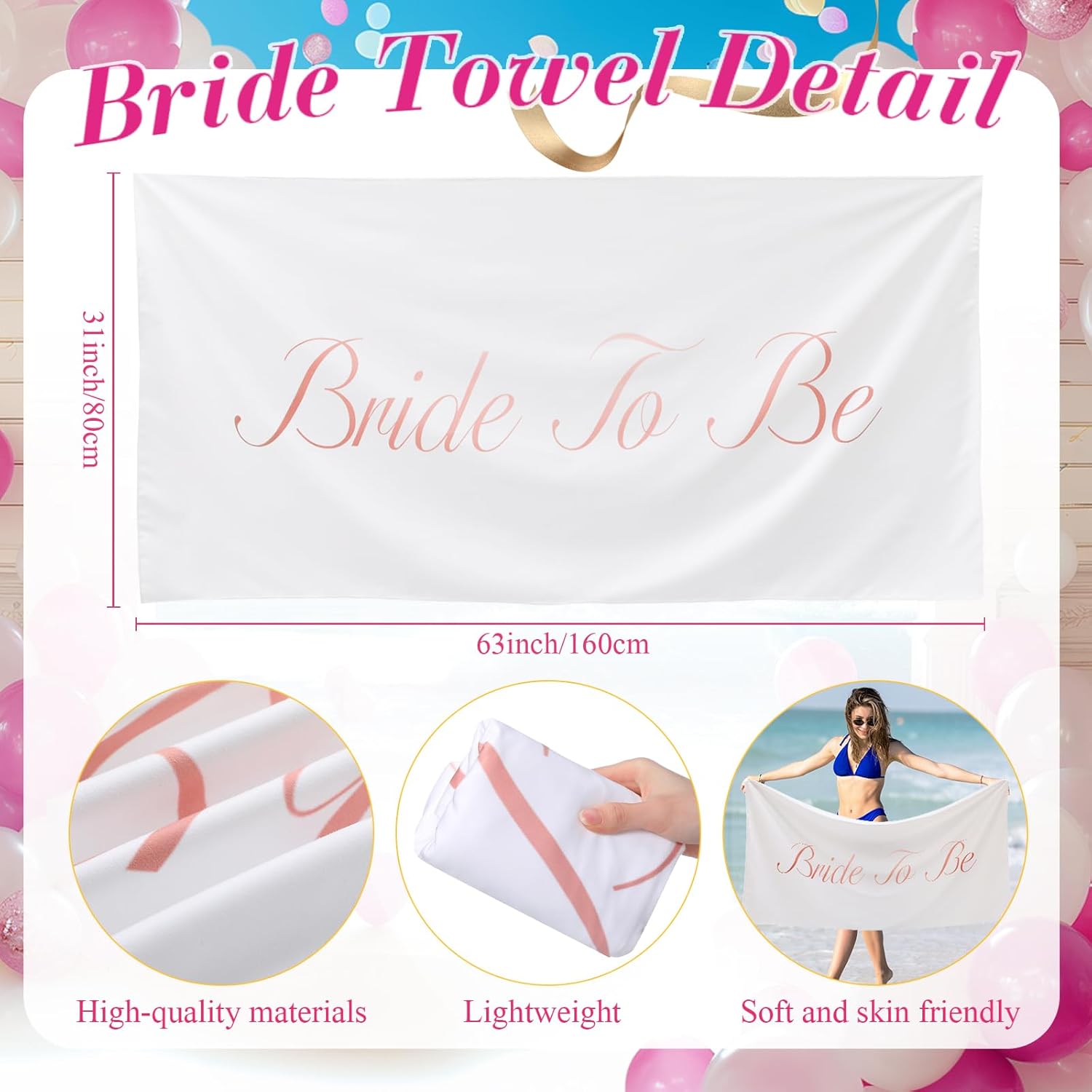 2 Pcs Bride Beach Towel and Pool Float for Bachelorette Gifts 63 x 31 Inch White Beach Towel 47 x 39 Inch Heart Pool Float for Bachelorette Bride Shower Party Favors Wedding Summer - Image 4