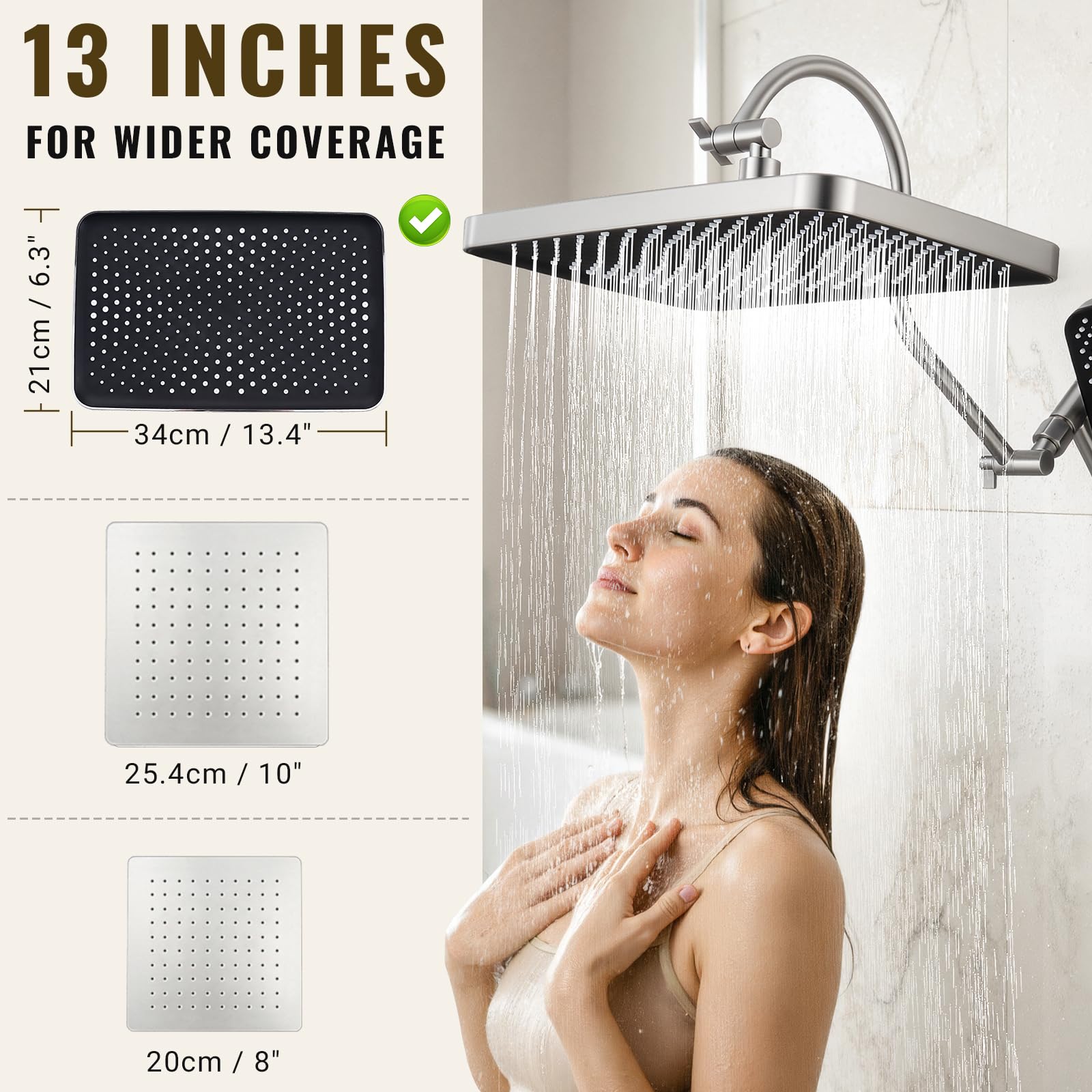 Cabezales de ducha de 13 pulgadas con pulverizador de mano multifunción, desviador extendido de metal de 3 vías con soporte y brazo de extensión de ducha curvado ajustable de metal,