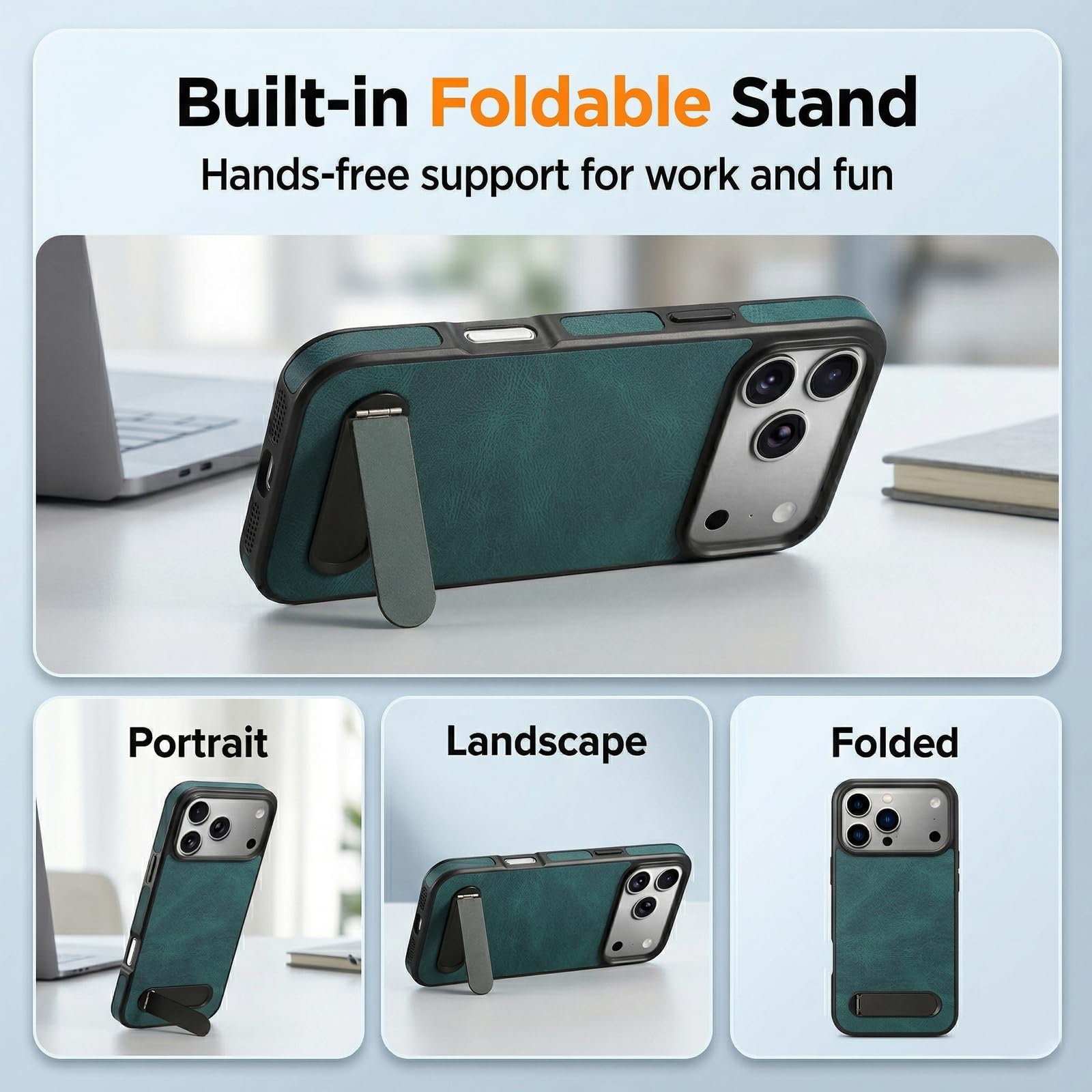 Funda de Cuero PU Vintage para iPhone 17 Pro, Carcasa con Soporte Plegable y Anillo Magnético Integrado, Diseño Delgado Anti-Choque, Agarre Cómodo, Negro