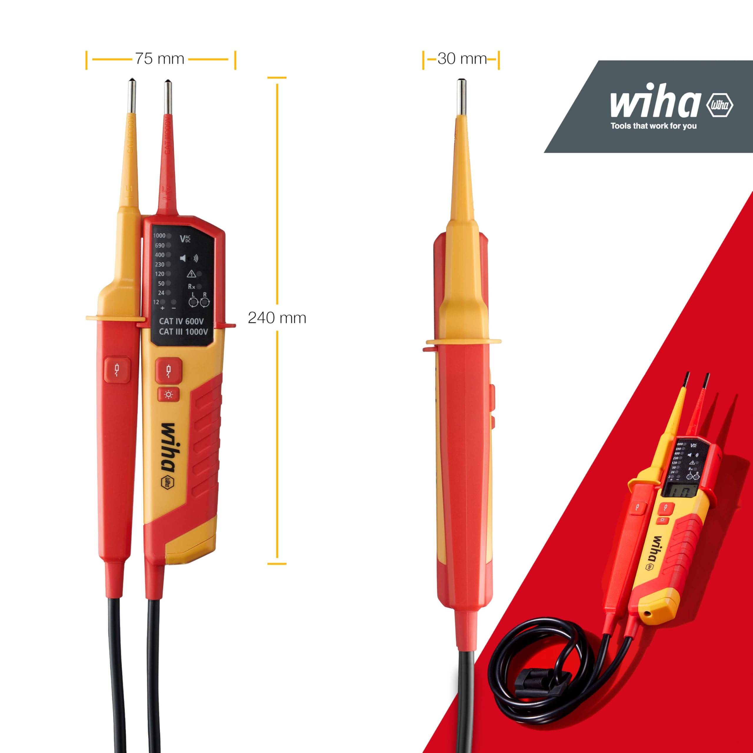 Wiha Testeur de tension et de continuité 12-1000 V Courant Alternatif CAT IV avec piles AAA affichage LED