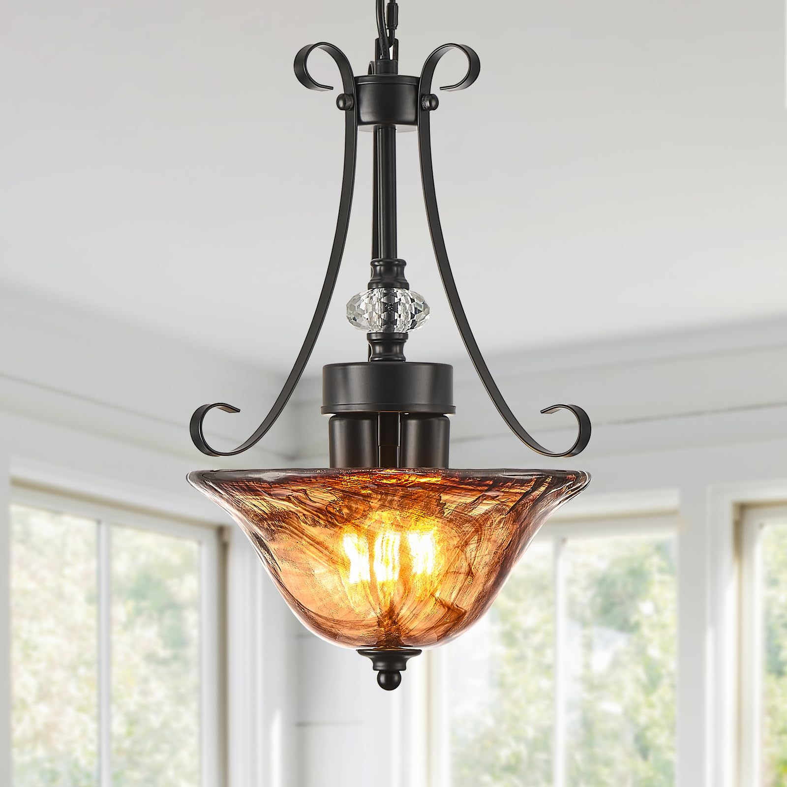 Photo 1 of rosysky 3-Light Black Pendant Lights Kitchen Island,Amber Shade & E12 Base