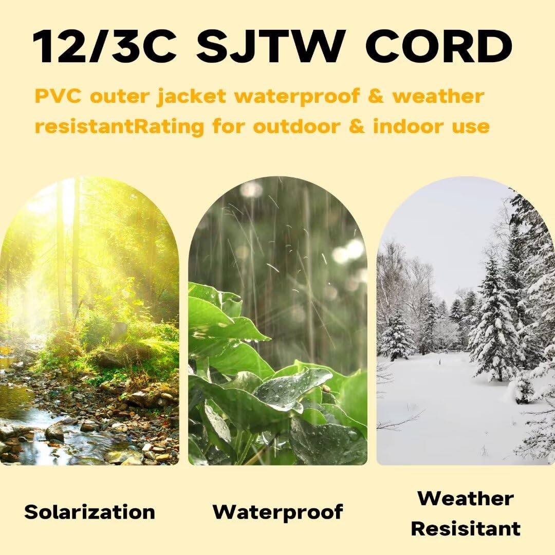 3 Ft Lighted Outdoor Extension Cord - 12/3 SJTW Heavy Duty Extension Cable with 3 Prong Grounded Plug - 15 Amp Power Cord for Lawn, Garden, Appliances