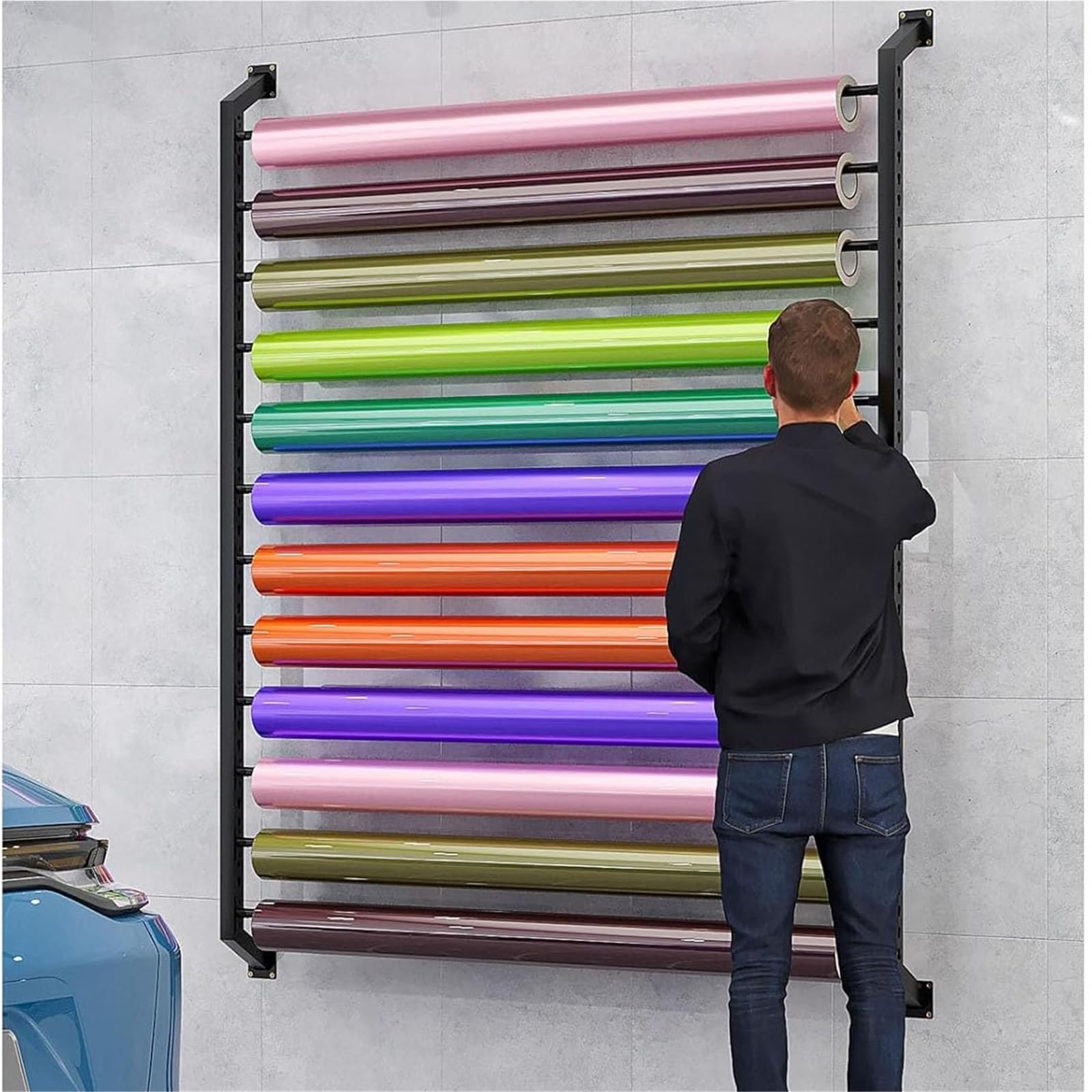 Espositore a 8 Ripiani da Parete per pellicole viniliche per Auto - Porta Rotoli in Tessuto Impermeabile per pellicole in PVC, tovaglie e pellicole per finestre - Supporto espositi