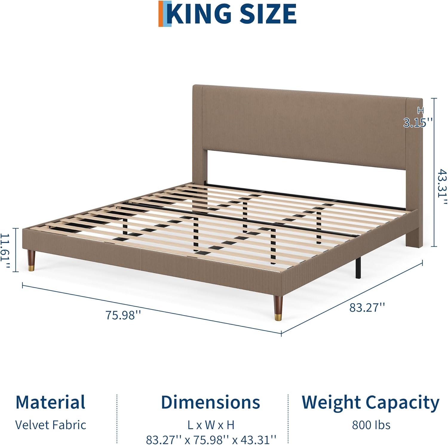 GarveeHome King Size Bed Frame with Upholstered Headboard and Strong Wooden Slats Support, Soft Corduroy Fabric Platform Bed, No Boxing Spring Needed, Easy Assembly, Brown