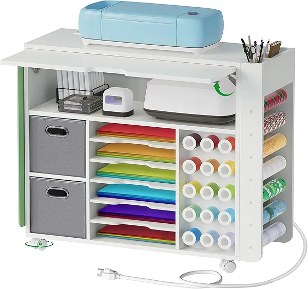 Coolfat Craft Table, Craft Organizers and Storage, 2 Drawers Rolling Storage Cart with Fold Out Table, Power Outlet, Crafting Cabinet with Machine Stand, Vinyl Roll Holder, Home Workstation