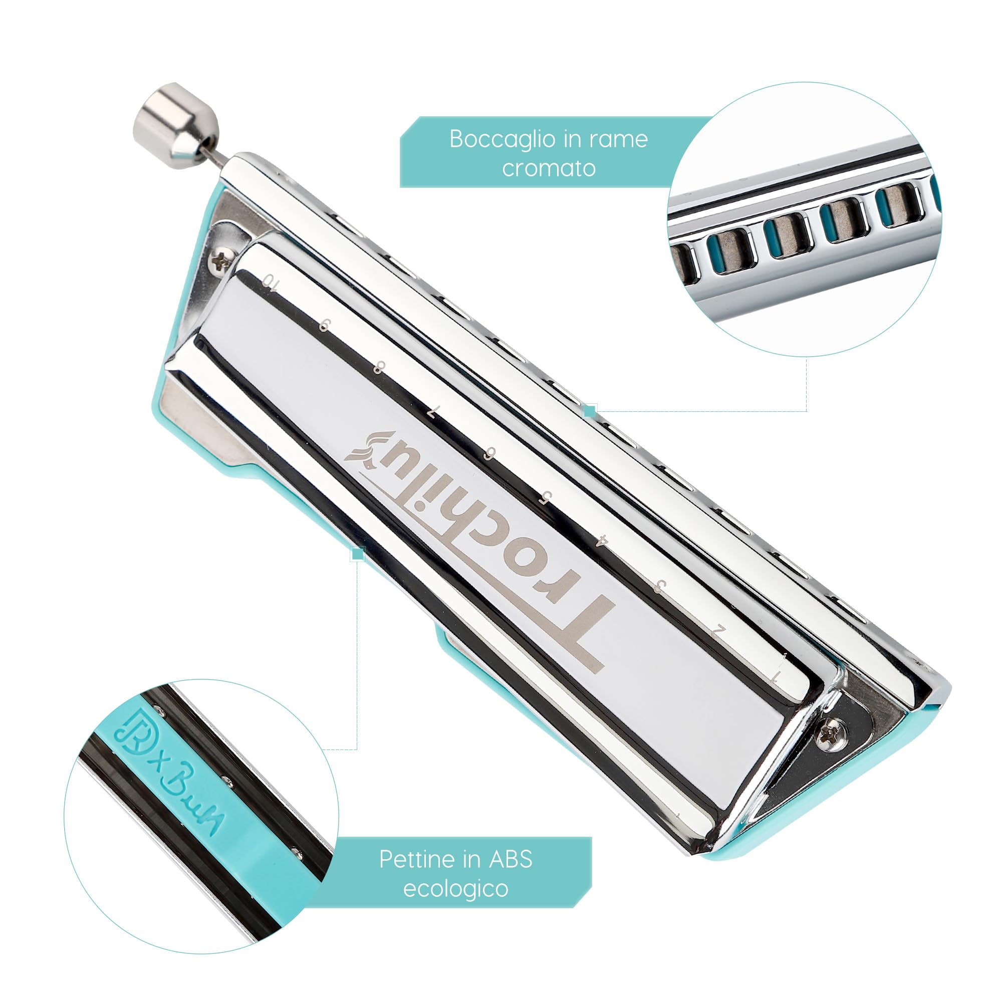 JDR Trochilus 10 fori Armonica cromatica chiave di C Armonica senza valvole Arpa Organo a bocca Chromonica con custodia per adulti professionisti principianti (Blues/Ritcher Tuning Key of C)