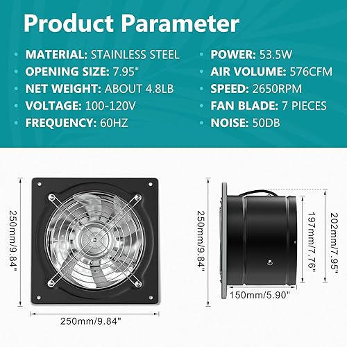 Vista 4 de HG Power 8 Inch Exhaust Fan with Switch, Powerful Kitchen Exhaust Fan with Damper, Potable Window Exhaust Fans, Small Fume Extractor Ventilation Fan