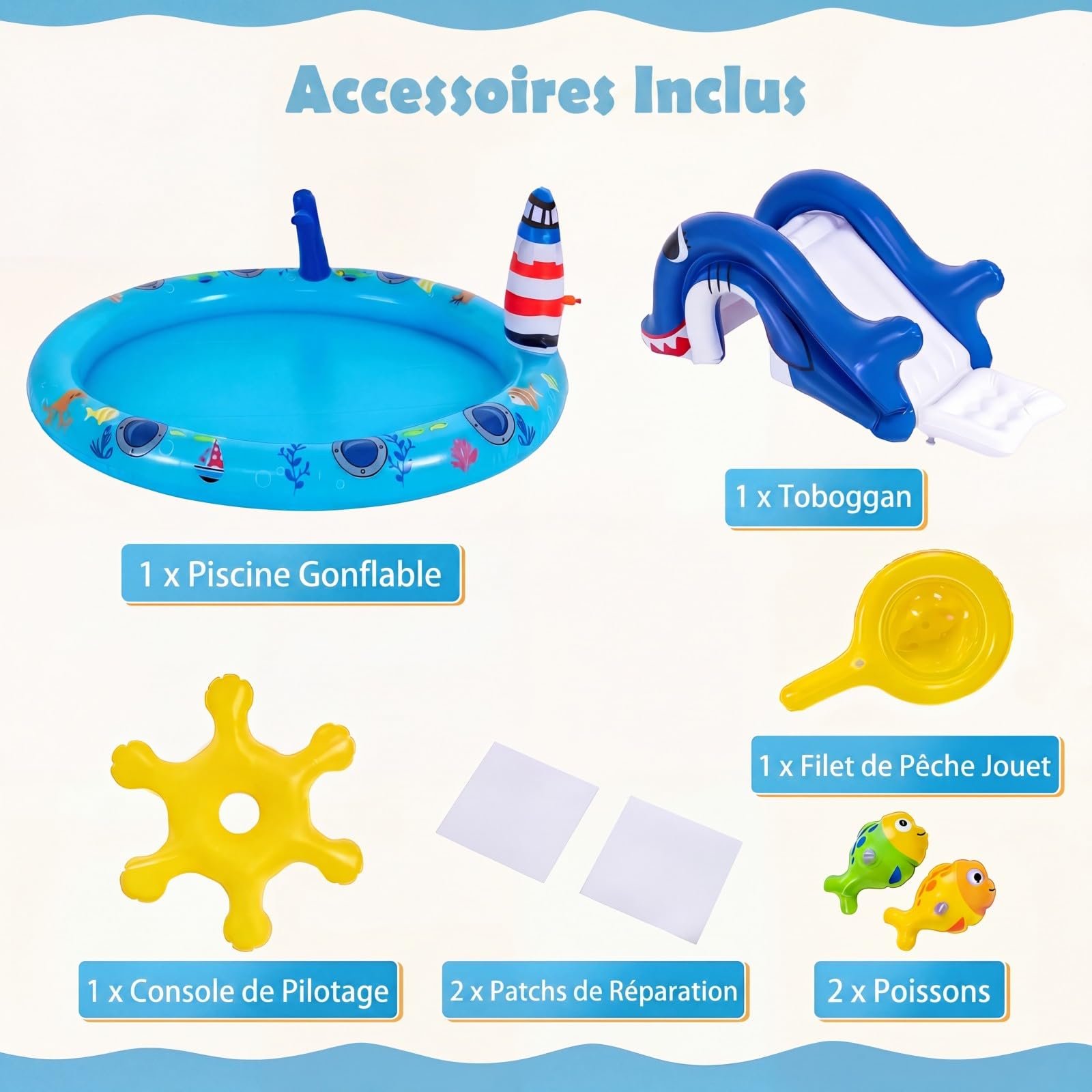 SOARS Piscina Gonfiabile Bambini, Parco Giochi Acquatico a Tema Marino con Scivolo, Irrigatore, Timone, 2 Pesci Giocattolo, Retino e 2 Toppe di Riparazione per Bambini 2-6 Anni, 188 X 153 X 63 CM
