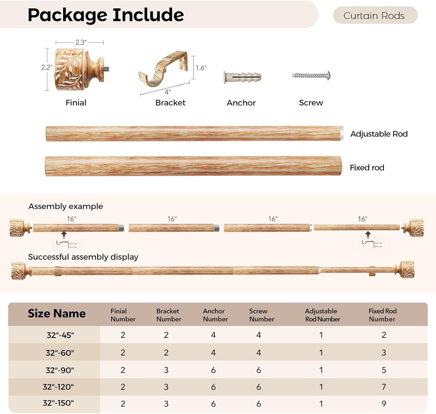 2 Pack Boho Wood Curtain Rods for Windows 32 to 45 Inch, 1" Diameter Adjustable Heavy Duty Curtain Rod with Imitation Wooden Grain Leaf Pattern Finials, Rustic Decorative Drapery Rods, Size 32"-45"