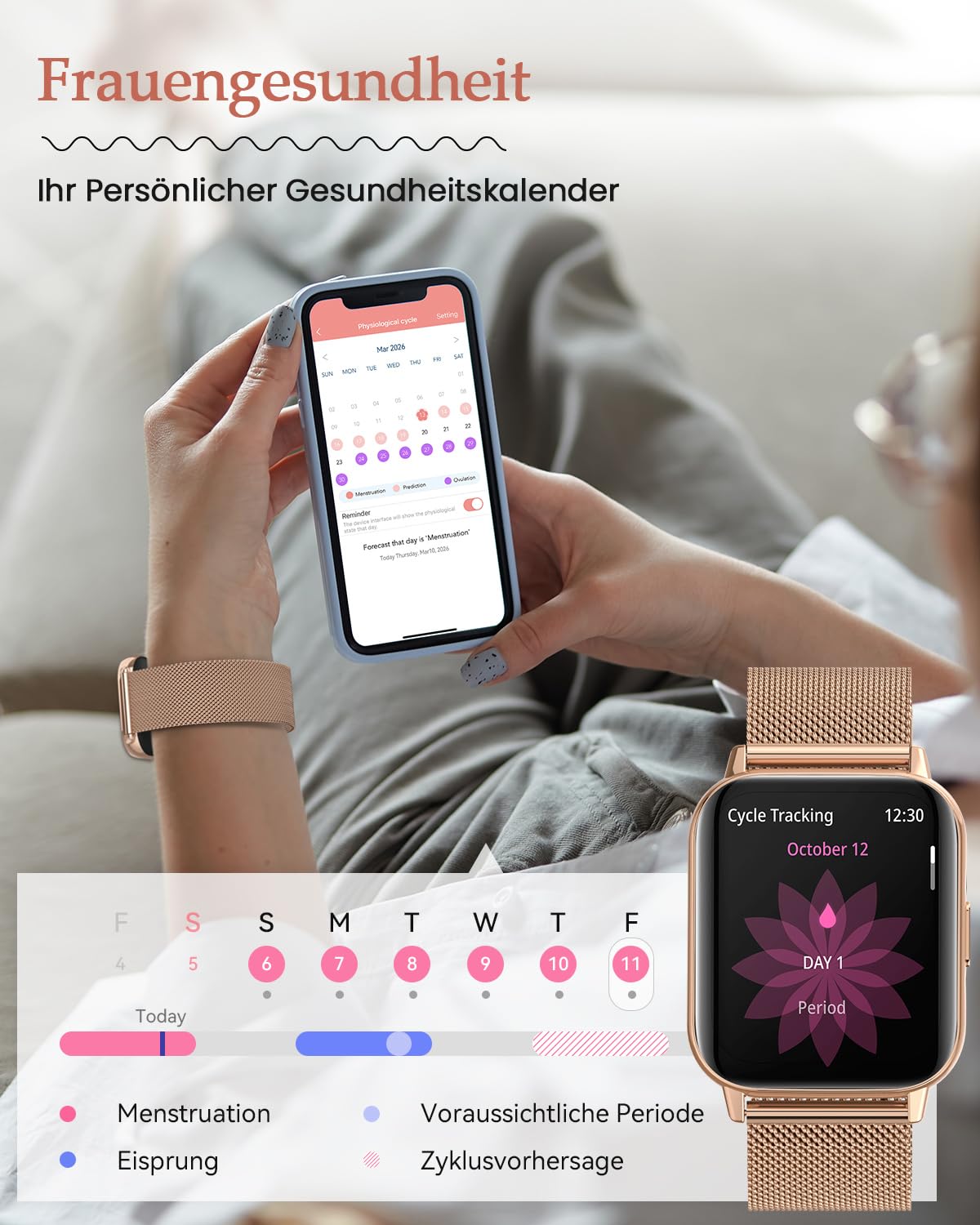 2026 Neues Smartwatch Damen, 1.85"AMOLED Fitness Tracker mit Telefonfunktion Menstruationszyklus Herzfrequenz Schlafmonitor SpO2 113+Sportmodi Sportuhr 5ATM Schrittzähler Kalorien iOS Android Roségold