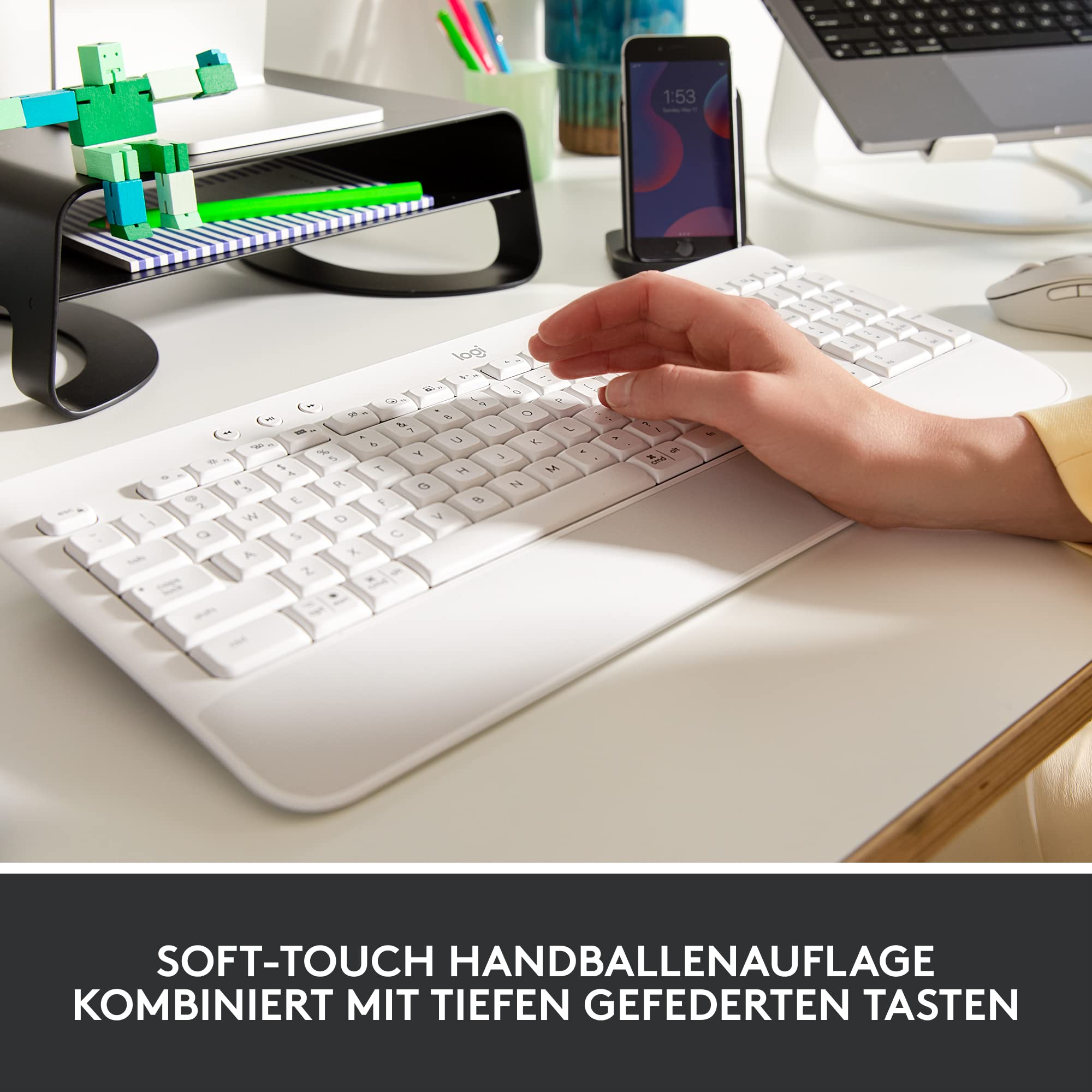 Logitech Signature K650 Comfort kabellose Tastatur mit Handballenauflage | BLE Bluetooth/Logi Bolt USB-Empfänger, Soft-Touch-Tastatur, Numpad, PC/Windows/Mac, US QWERTY - Weiß