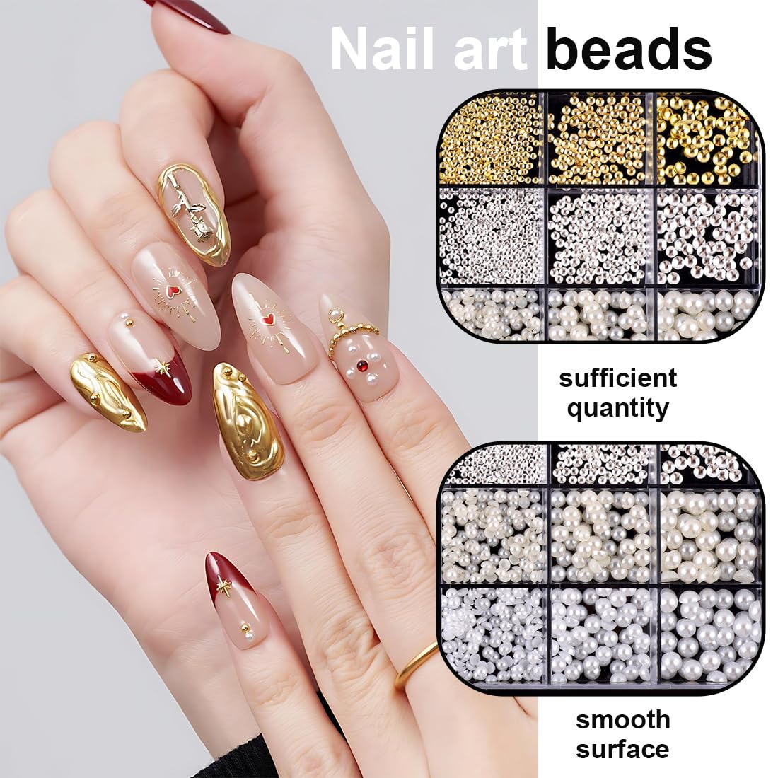 1 boîte Perles plates dorées et argentées pour ongles, Strass ongle, Perles à ongles demi-rondes blanches et beiges, Deco ongle nail art pour décoration d'ongles DIY