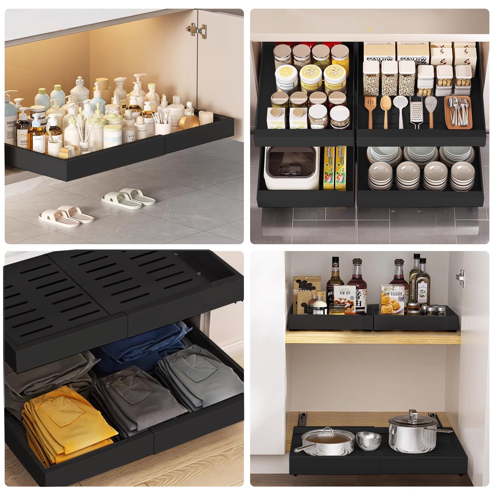 Cassetto telescopico, armadietto a scomparsa per la cucina, organizer per cassetti, larghezza regolabile senza fori (32-52 cm), adatto per cucina (nero)