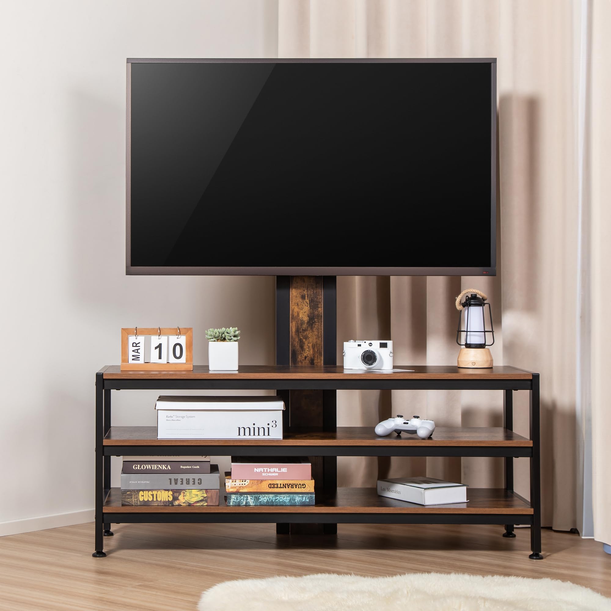 pro.tec TV Ständer Stockholm mit Fernsehtisch TV Halterung bis zu 70 Zoll Fernseher Halterung höhenverstellbar neigbar max. VESA 600 x 400 mm bis 40 kg Schwarz/Eicheoptik rustikal