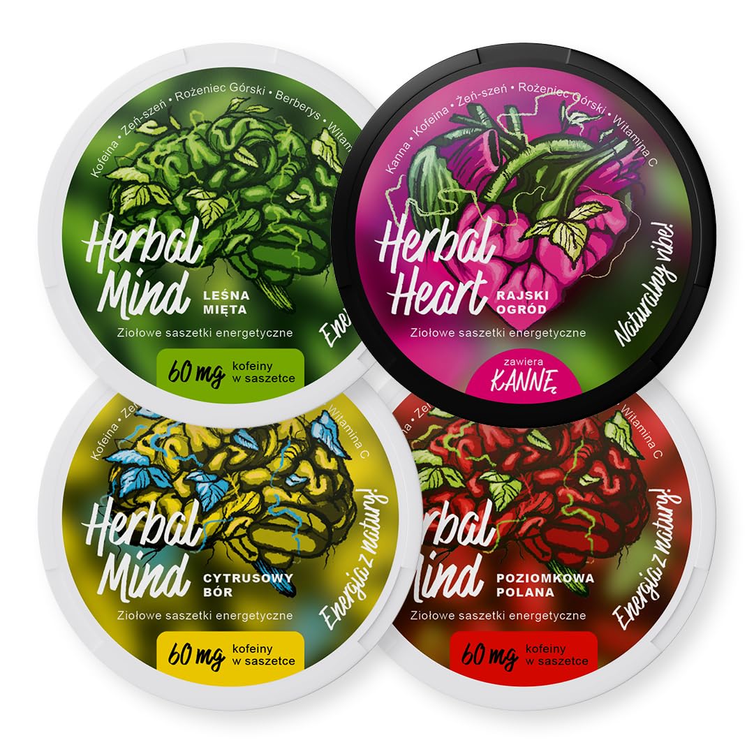 HerbalMind Ziołowe saszetki energetyczne kofeina, kanna Starter Pack 4 smaki. Snusy kofeinowe z adaptogenami bez nikotyny. Woreczki energetyczne Herbal Pouches Żeń-szeń, Rózeniec górski, snus