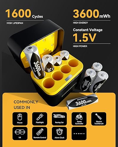 Miniatura 3 de Paquete de 8 baterías AA recargables con cargador rápido, 1.5 V 3600 mWh de litio de alta capacidad, doble A, larga duración de 1600 ciclos para