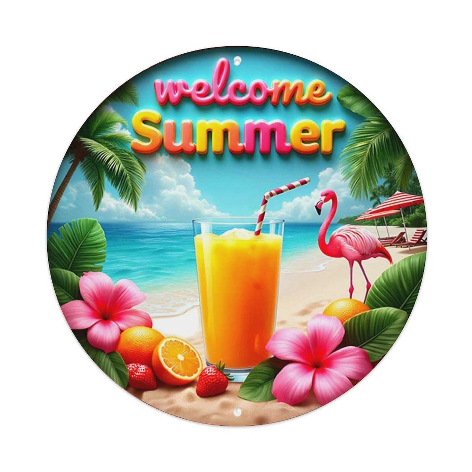 Jdyansheng Vintage Welcome Summer Tropical Beach Scene Tin Sign Metal Poster Metal Signs For Home Man Cave Bar Cafe Kitchen Laundry Room Wall Decorations 8X8 Inches