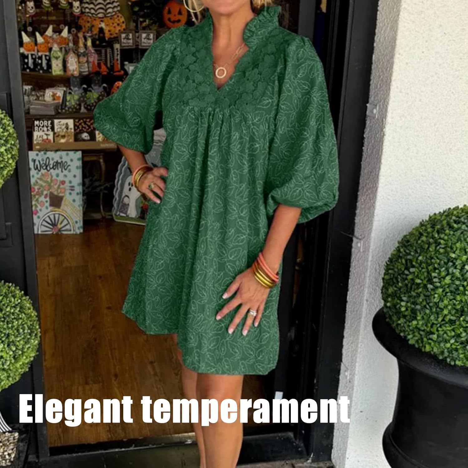 [LXHDRBZ] 女性のパフスリーブリーフジャカードミニドレス、女性 V ネックパフ長袖ドレス、花柄キッズドールドレス/665