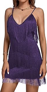 Women's Layered Fringe Deep V Neck Cami Mini Dress Sleeveless Tassels Flapper Dresses - Buy now