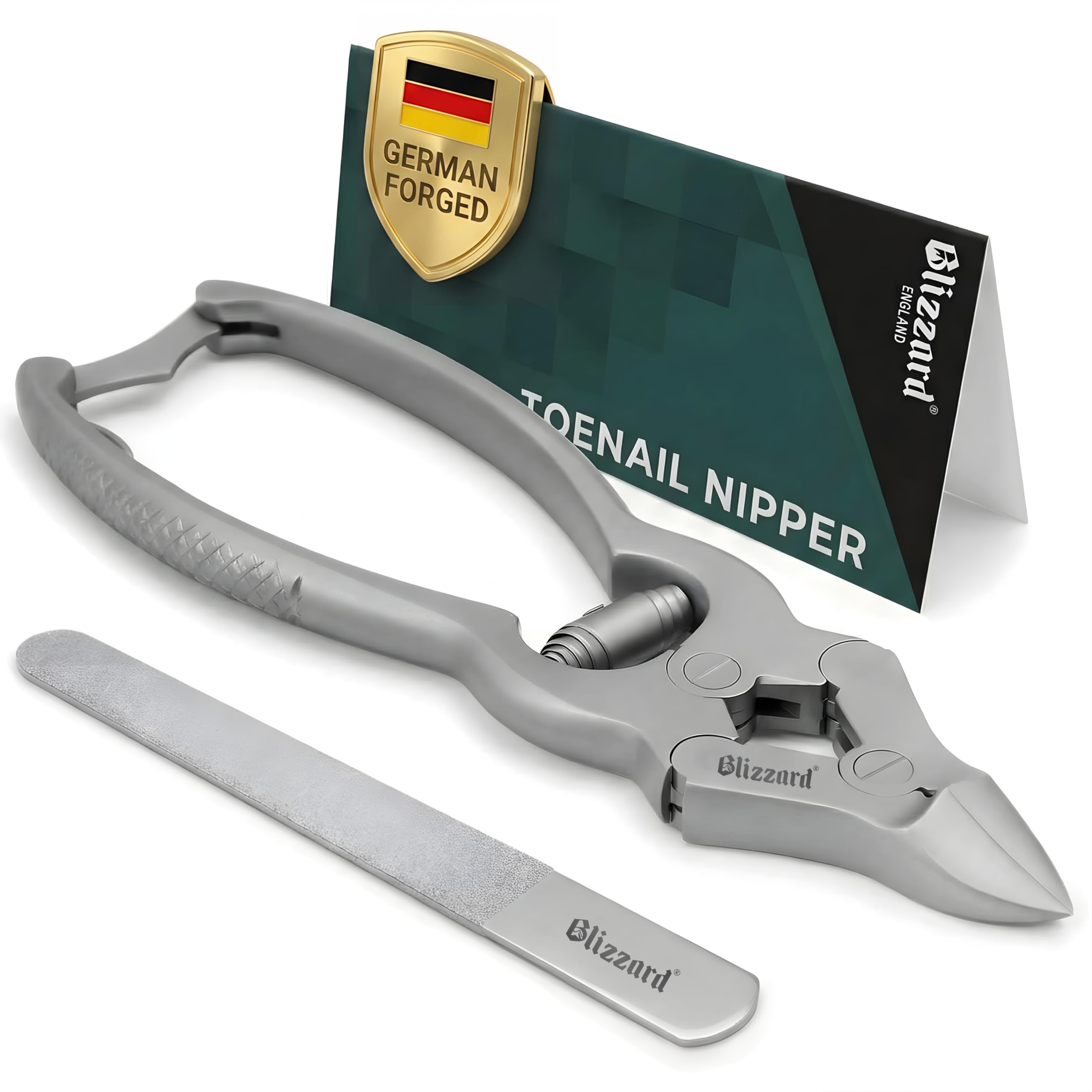 Blizzard Toe Nail Clippers for Thick Nails - Podiatrist Nail Nippers for Seniors - Heavy Duty Cantilever Toenail Clippers for Men - German Steel Podiatry Tool with Toenail File - 15cm Barrel Spring