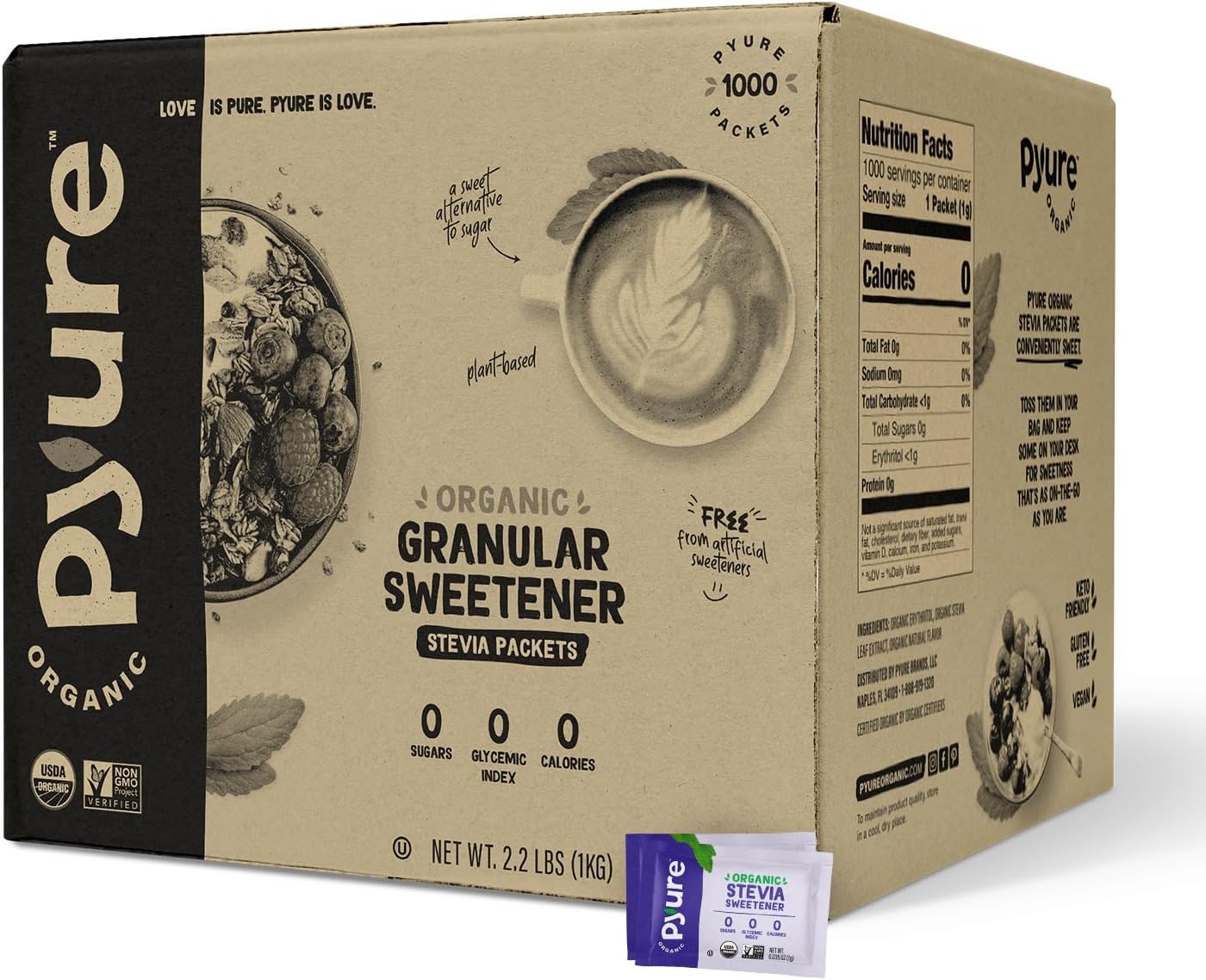 Organic Stevia Packets | Granulated Sugar Packets - White Sugar Substitute | Zero Carb, Zero Sugar, Zero Calorie Sweetener Packets | Plant-Based Stevia Packets for Keto Coffee | 1000 Count