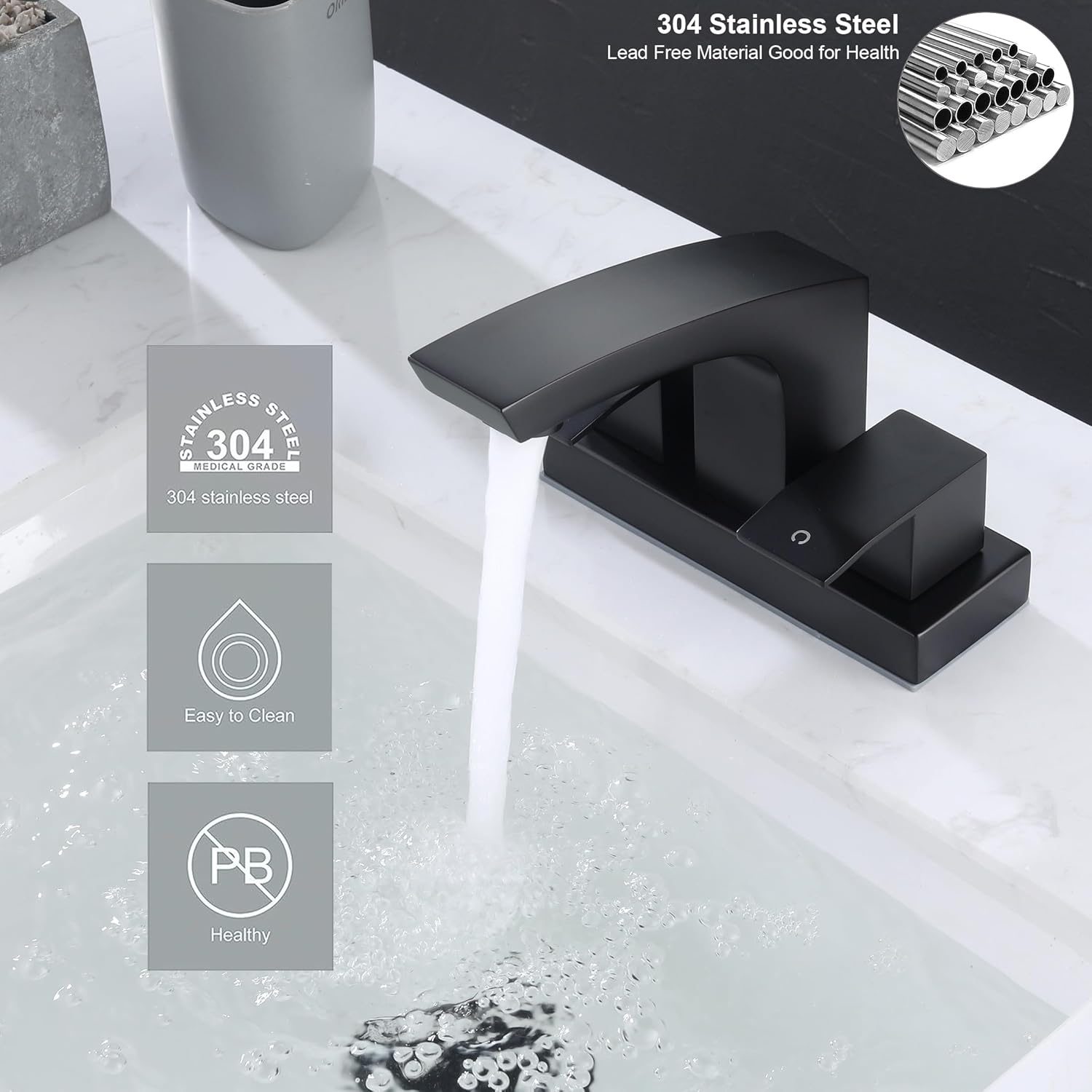 Centerset Bathroom Faucet, Stainless Steel Black Sink Faucet Bathroom with Pop Up Drain and cUPC Supply Hose, 2 Handle 4 inch Center-Set Bathroom Sink Faucet Matte Black 2 Hole