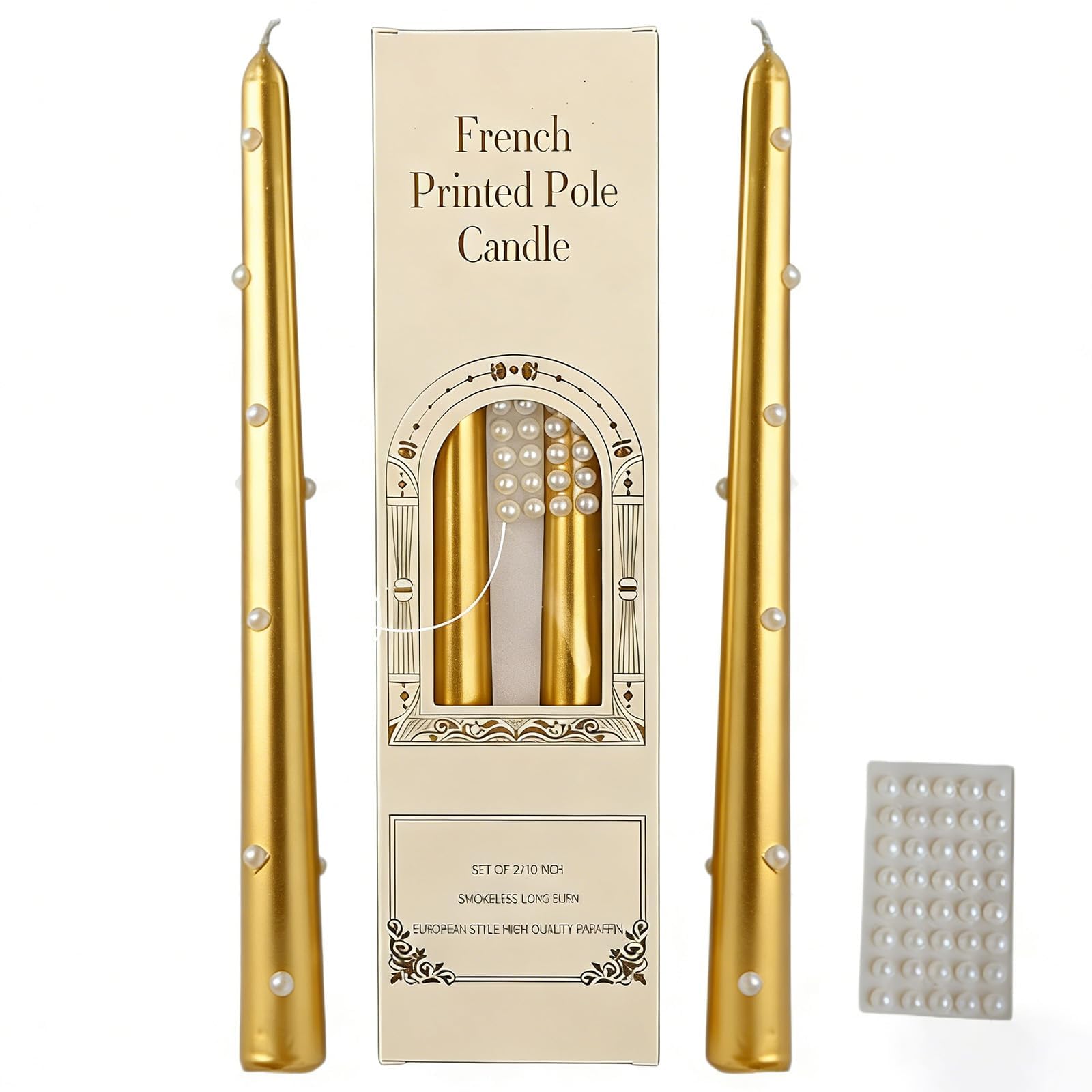 HUANYO 25cm Taper Candles - 2-Pack, Metallic Gold & Silver, Unscented Vegan Wax - 7 Hour Burn Time, Palm Oil Free, Decorative Household Candles,You can DIY Pearls (Gold)