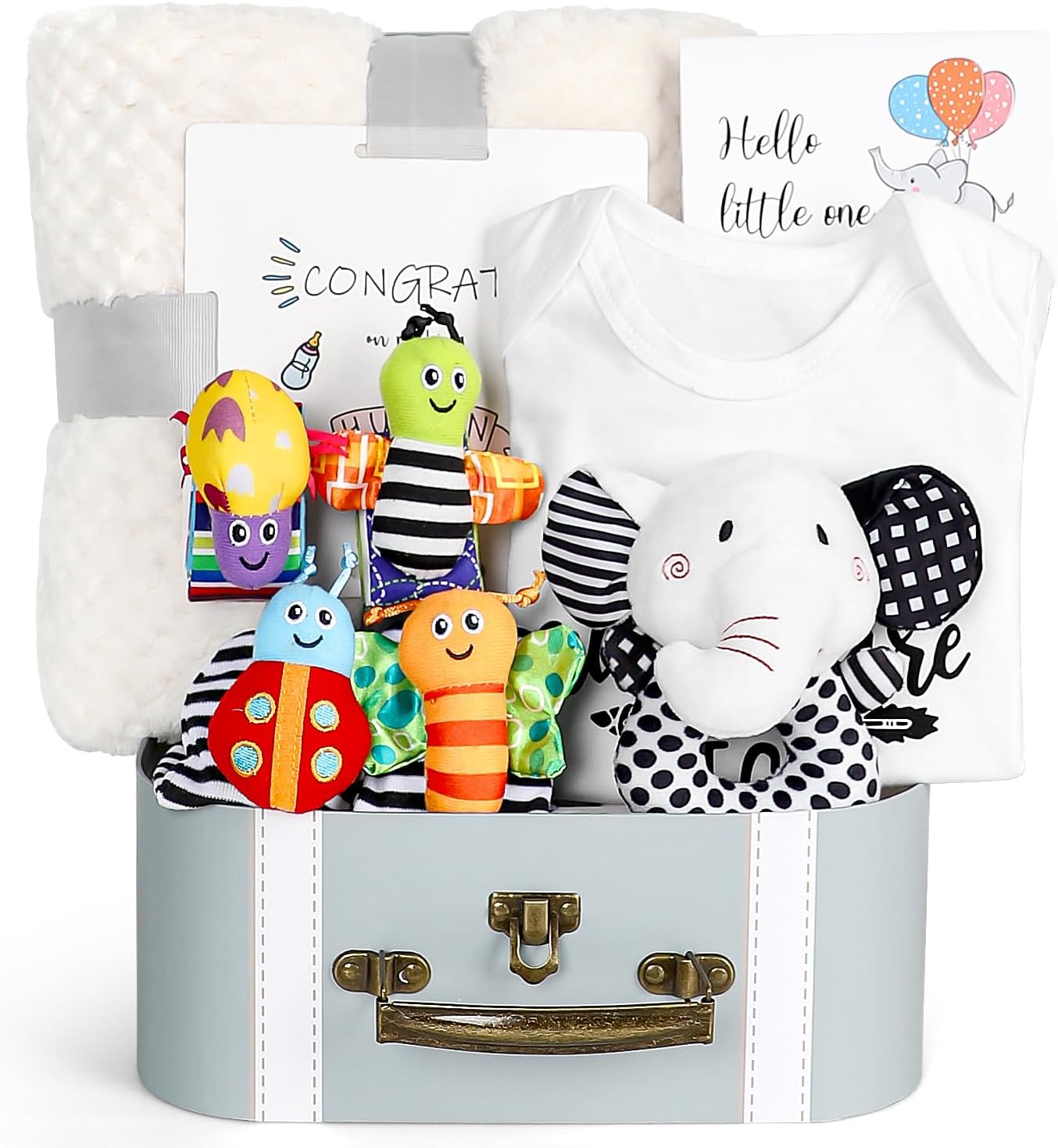iAOVUEBY Baby Gift Set, Baby Shower Gifts, Black and White High Contrast Baby Toys 0-6 Months for Newborn Essentials Infant Rattle Socks Elephant Toys Blanket Onesies Baby Gift Basket for Girls Boys