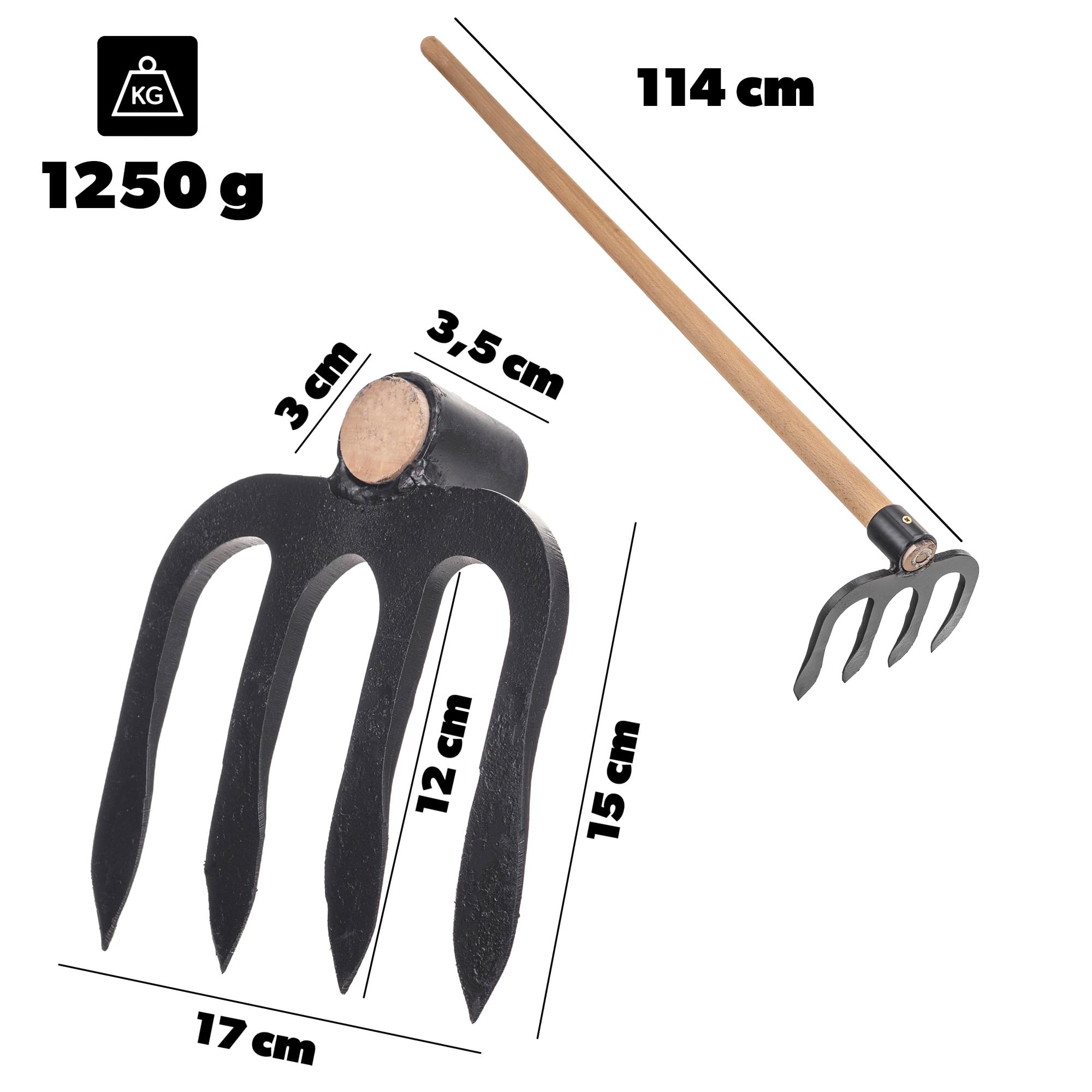 KADAX Talon de pommes de terre à 4 dents avec long manche en bois, talon de jardin en acier forgé, talon de fumier pour jardinage, hachoir pour jardin (avec tige)