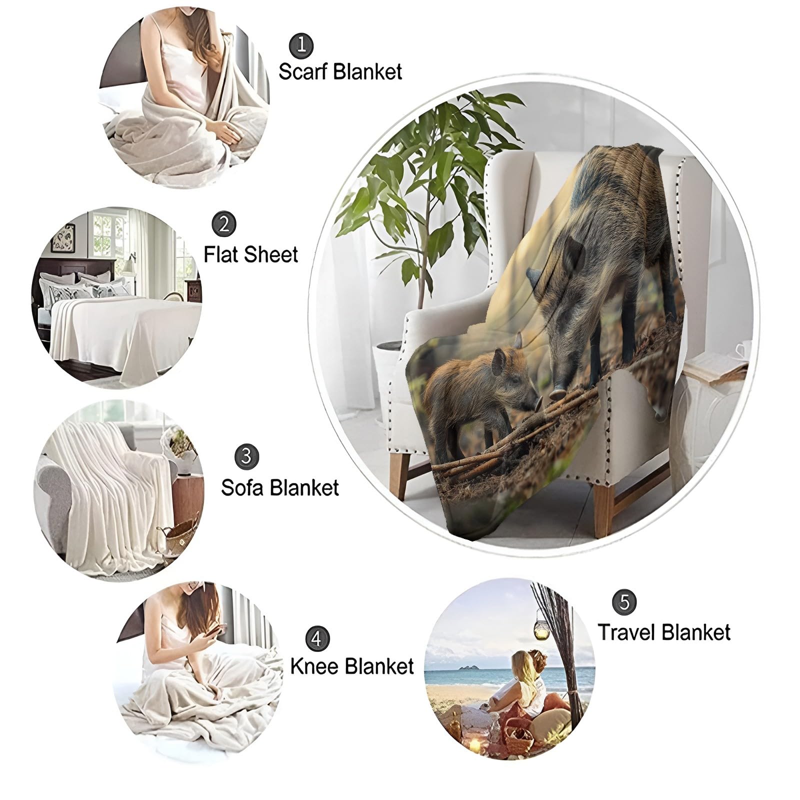 Forêt Faune Sanglier Plaid Polaire, Couverture et Plaid Canapé Grande Taille en Flanelle Douce et Chaude Brun Confortable pour Enfants et Adultes, Chambre et Lit 150x200 cm