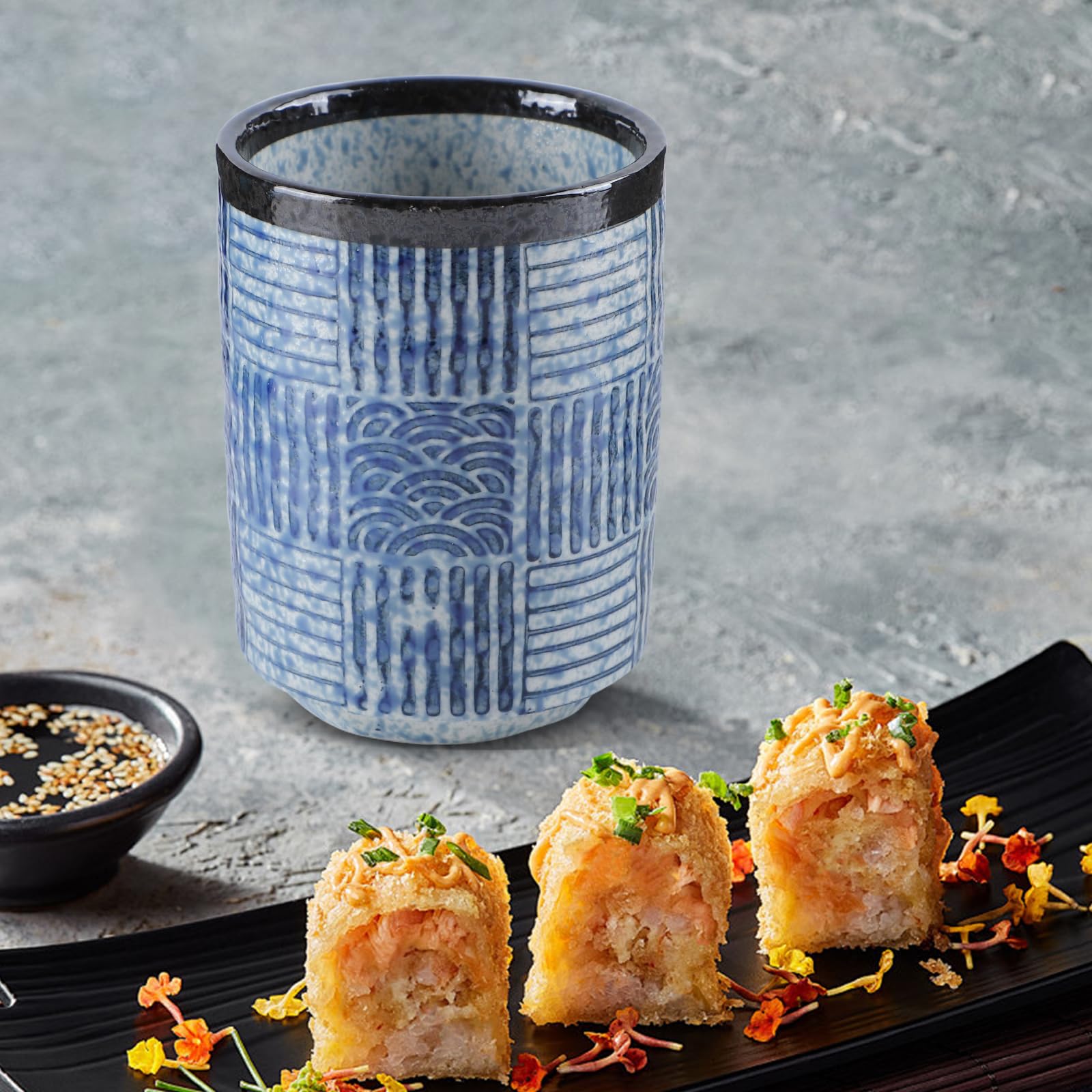 Japanisch Teetasse 2er Set, Chinesische Keramik Teetassen, Sake Tassen Vintage Teebecher Set Blau Traditionelle Wellenmuster, Porzellan Kaffeebecher Ohne Henkel, Modernem Design für Kaffee, 280ml