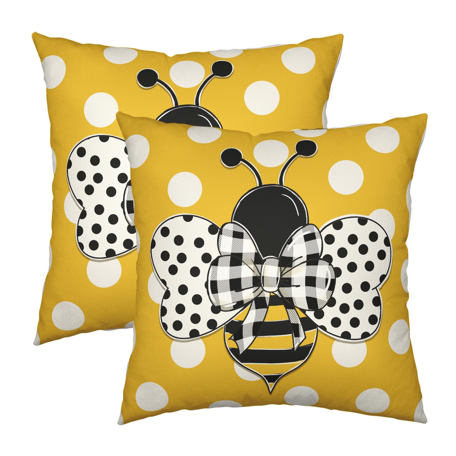 Wnoesat Summer Pillowcase 16x16 Set of 2 Yellow Honey Bee Polka Dots Holiday Throw Pillow Covers Bumblebee Outdoor Decorative Linen Cushion Covers for