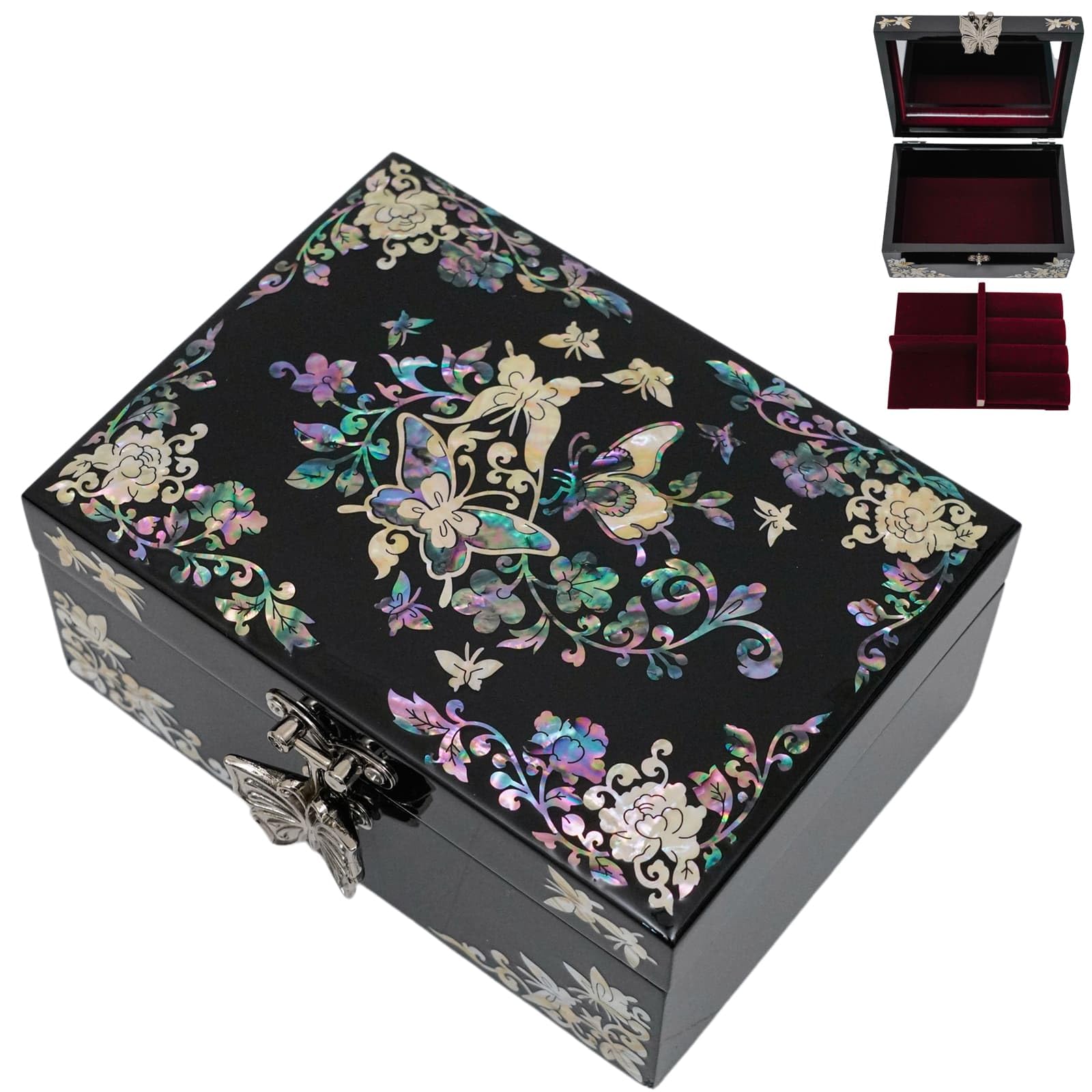 February Mountain Mother of Pearl Jewellery Box with Ring Tray - Gifts for Women Birthday Wedding Mother's Day Christmas Graduation Gifts (Butterfly Floral)