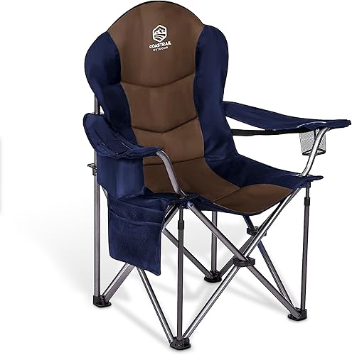 Silla de camping acolchada de gran tamaño con brazo cuádruple con soporte lumbar para la espalda, bolsa refrigeradora, portavasos y bolsillo