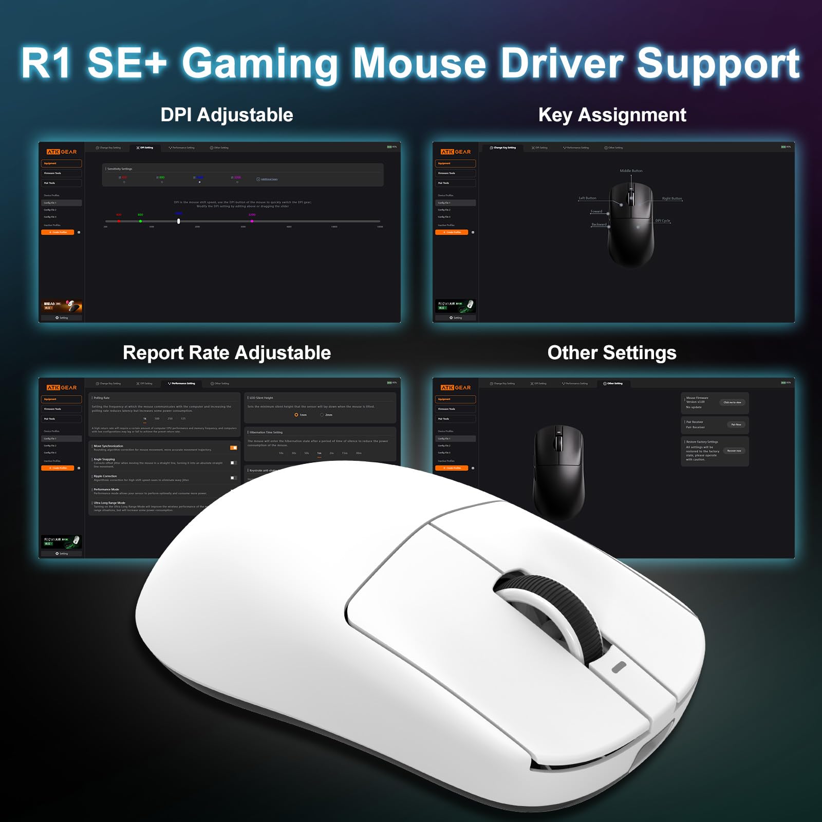 R1 SE+ Mouse da gioco wireless, 18000 DPI, sensore PAW3395SE ad alta precisione, leggero 55 g, tre modalità di connessione, mouse ergonomico programmabile, adatto per laptop/PC/Mac (bianco)