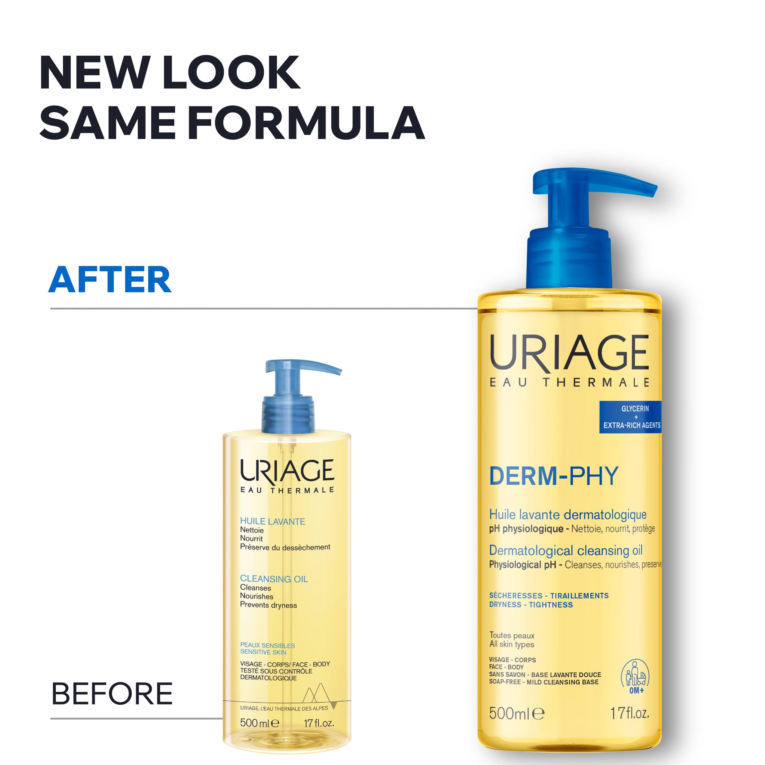 Uriage Derm-Phy - Olio da doccia da 1 l, detergente per viso, corpo, pelli secche, sensibili, pulisce, nutre, previene l'essiccazione, 25% glicerina, agenti extra ricchi, pH fisiologico, senza sapone