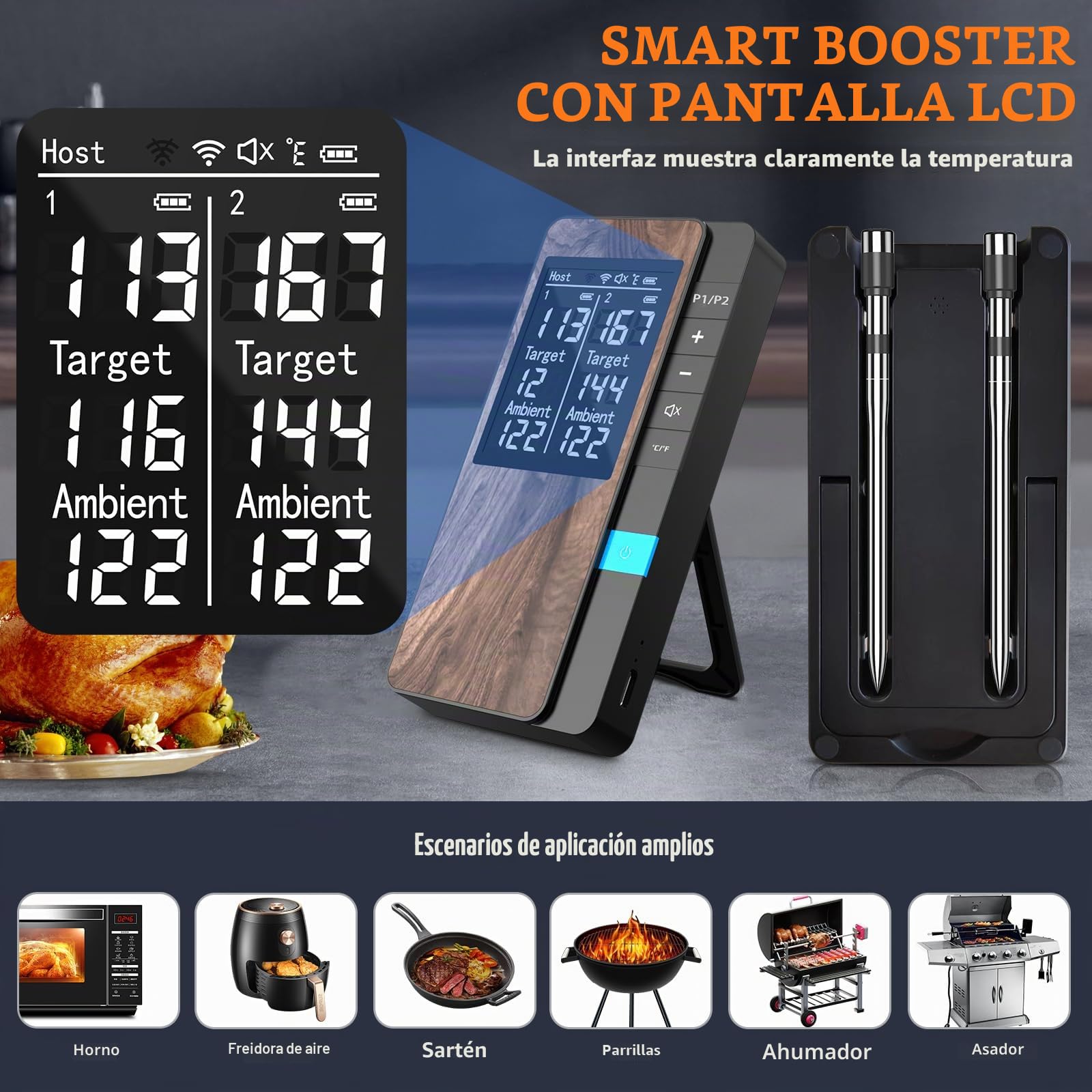 Termometro Cocina Paquete de 2, Pakinui Termometro Digital Cocina Inalámbrico con Aplicación, IP67 a Prueba de Agua Meat Thermometer, Termometro Carne para BBQ, Horno, Grill, Cocina, Asador