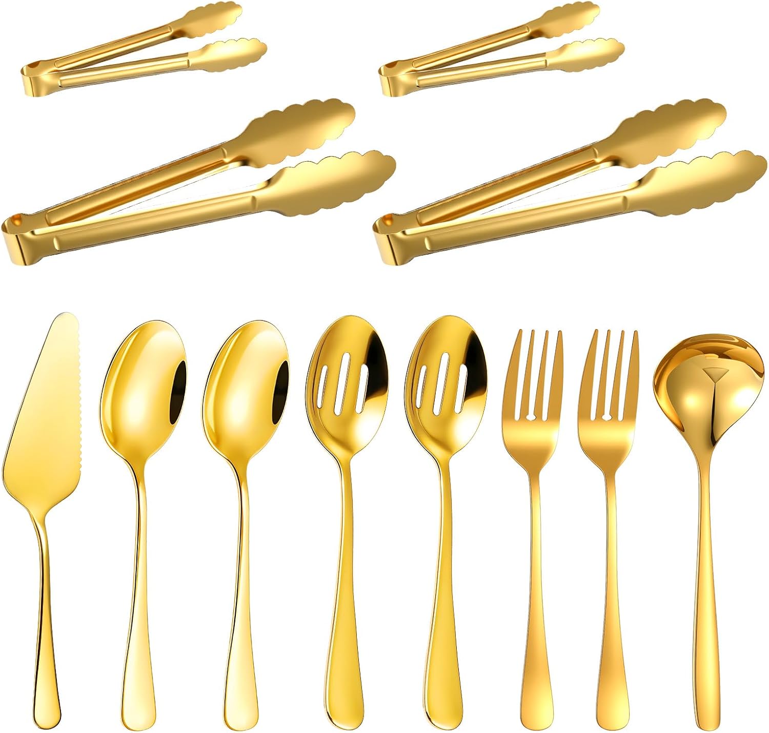 12 Pieces Gold Serving Utensils Stainless Steel Cooking Utensils Set, Include Serving Spoons, Slotted, Spoons, Forks, 2 Sizes Tongs, Soup Ladle and Pie Cake Server for Kitchen Restaurants Buffet