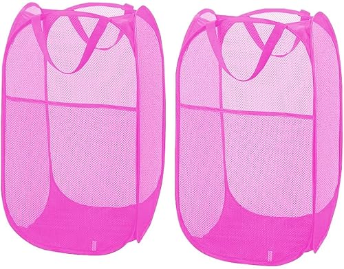 Larpur Paquete de 2 cestas plegables para lavandería, plegable, portátil, de malla, con asas de transporte reforzadas (rosa)