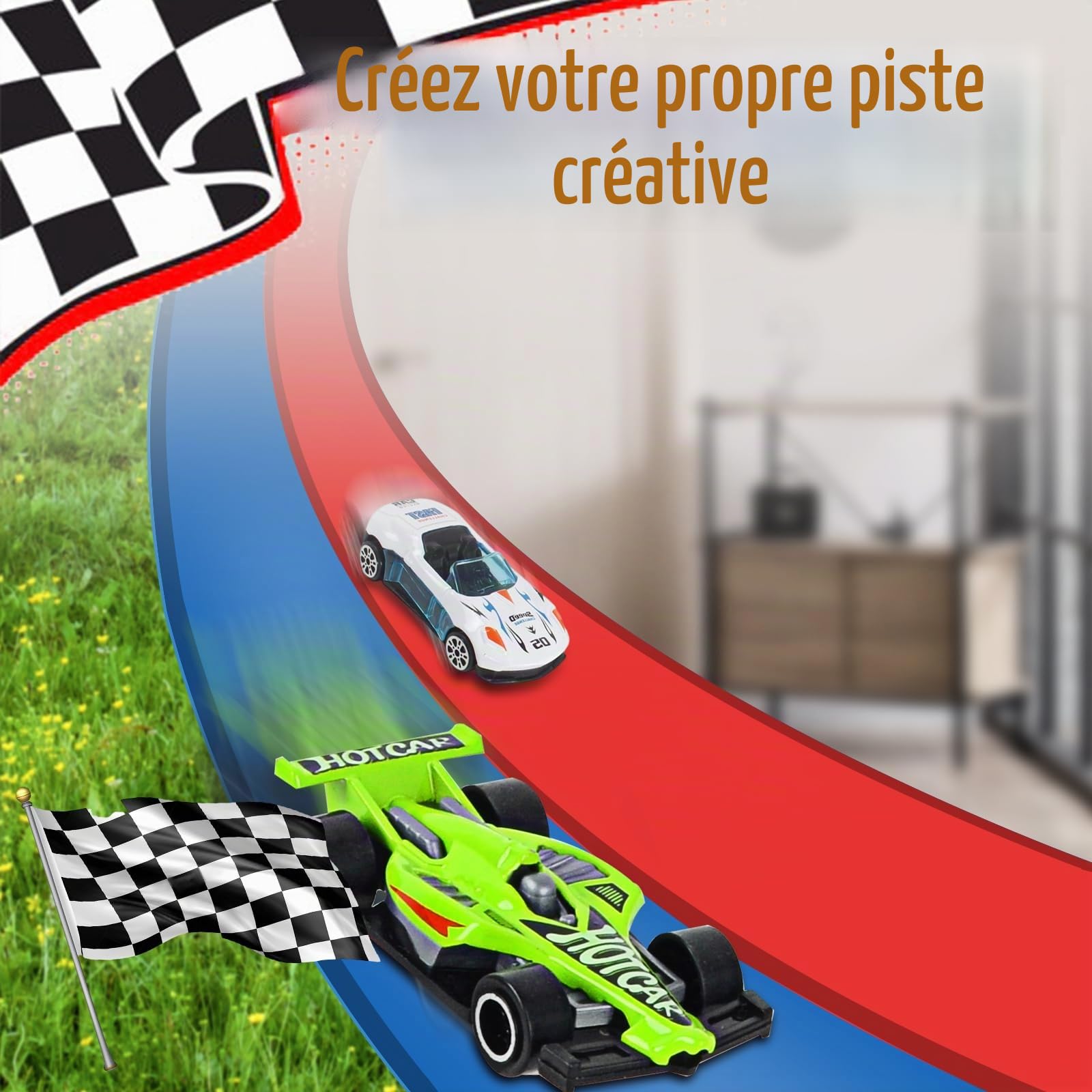 Circuit Voiture Enfant 5M, Jouet de Circuit Automobile avec 6 Voitures, Sac Rangement, Jouet Enfant 4 5 6 7 8 Ans, Piste de Voiture Flexible Enroulable, Bleu Rouge