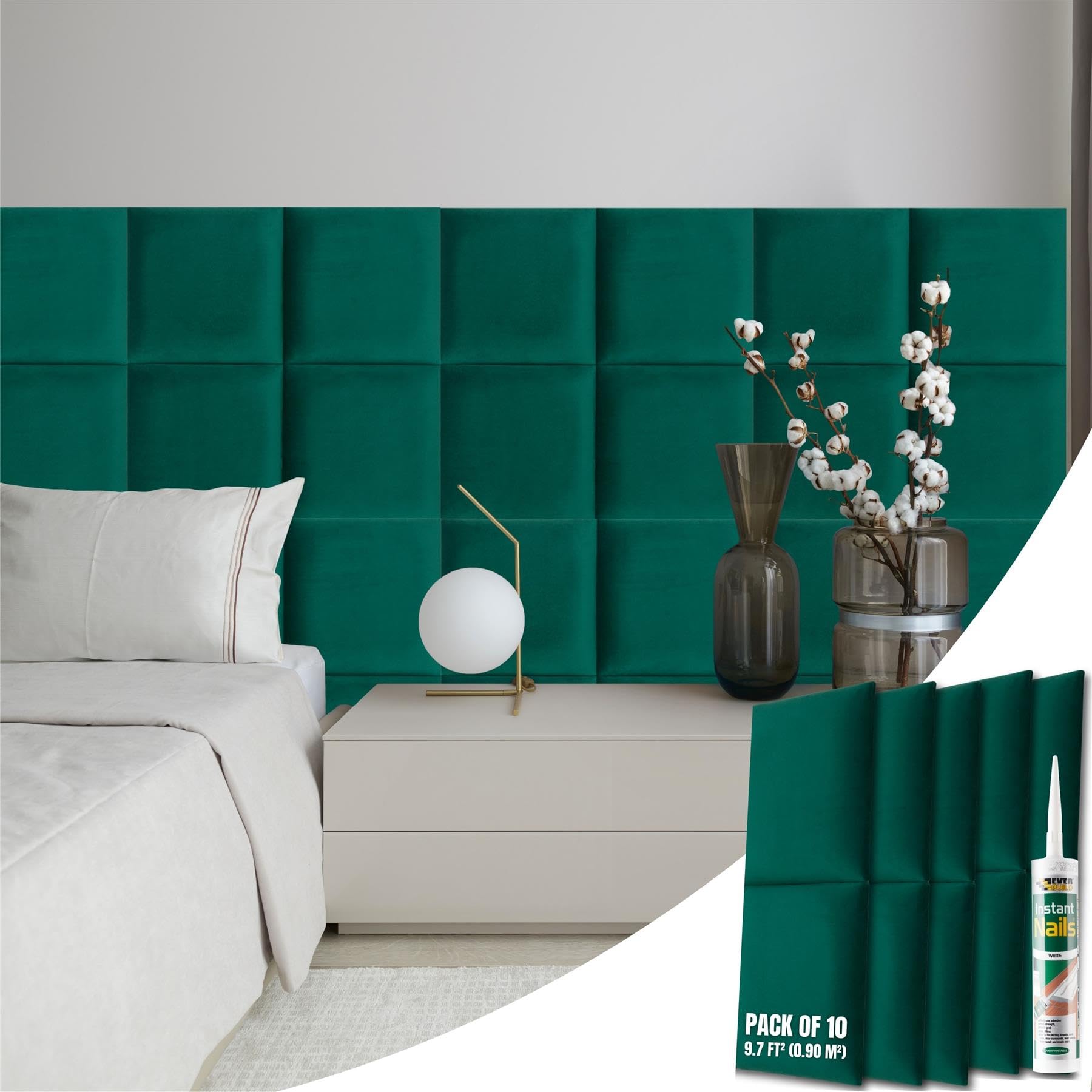 NOVECRAFTO Velvet Padded Wall Panels Set of 10 - Green Upholstered Anti-Collision Panels with Adhesive - H11.8 x W11.8 (30x30cm) Cushioned Paneling for Beds, Kids Room, Hallways & Feature Walls