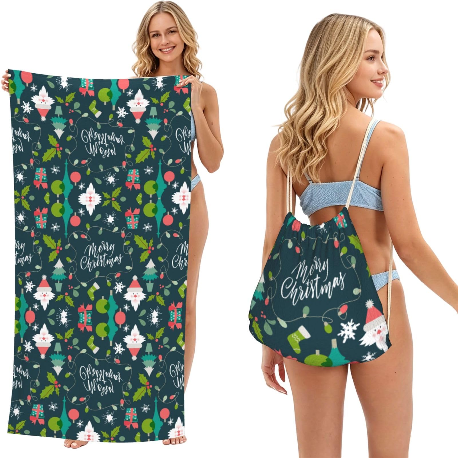ESNAIUVCD Merry Christmas Print Beach Towel For Adults,Towel With Drawstring Bag, Travel Pool Swimming Sports Shower Sand Free Quick Dry Bath Towel For Pool, Beach, Yoga- 180x60cm