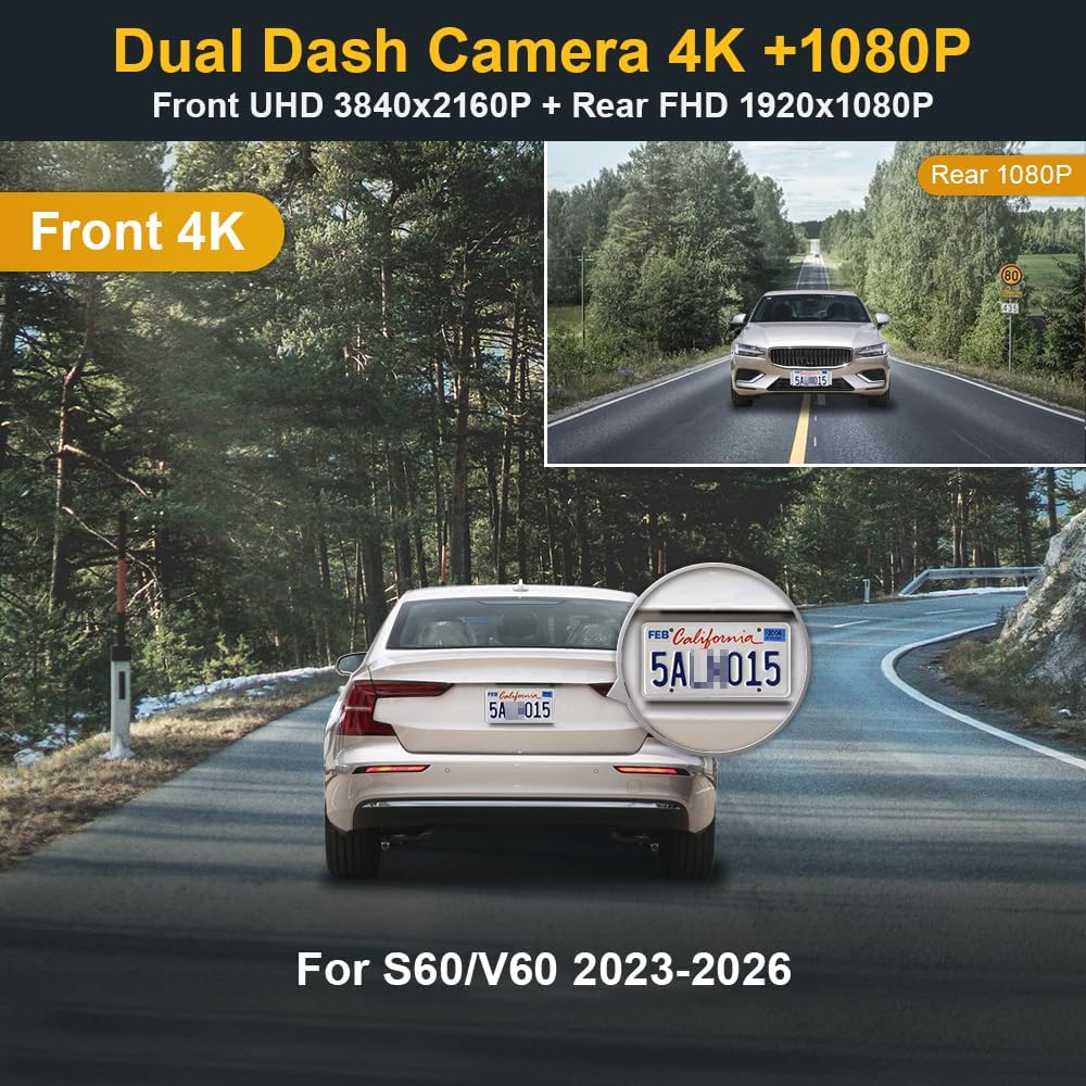 Fitcamx Front 4K+Rear 1080P Dash Cam Adapts for Volvo S60 & V60 2023-2026 B5 T8 Plug-in Hybrid (Model B), OEM Factory Look, Dual HD Video, WiFi & APP, Loop Recording, G-Sensor, Easy to Set, 128GB Card