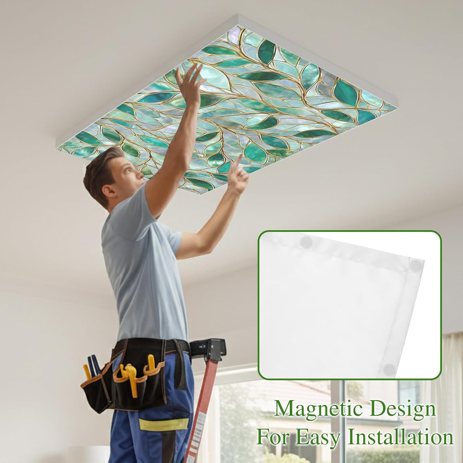 Fluorescent Light Covers for Ceiling Lights Green Leaves Stained Glass Magnetic Light Filters 2 Pack 4x2 ft Luxury Golden Vines Ceiling Lights Cover for Classroom Office School Home Drop Lamp Decor