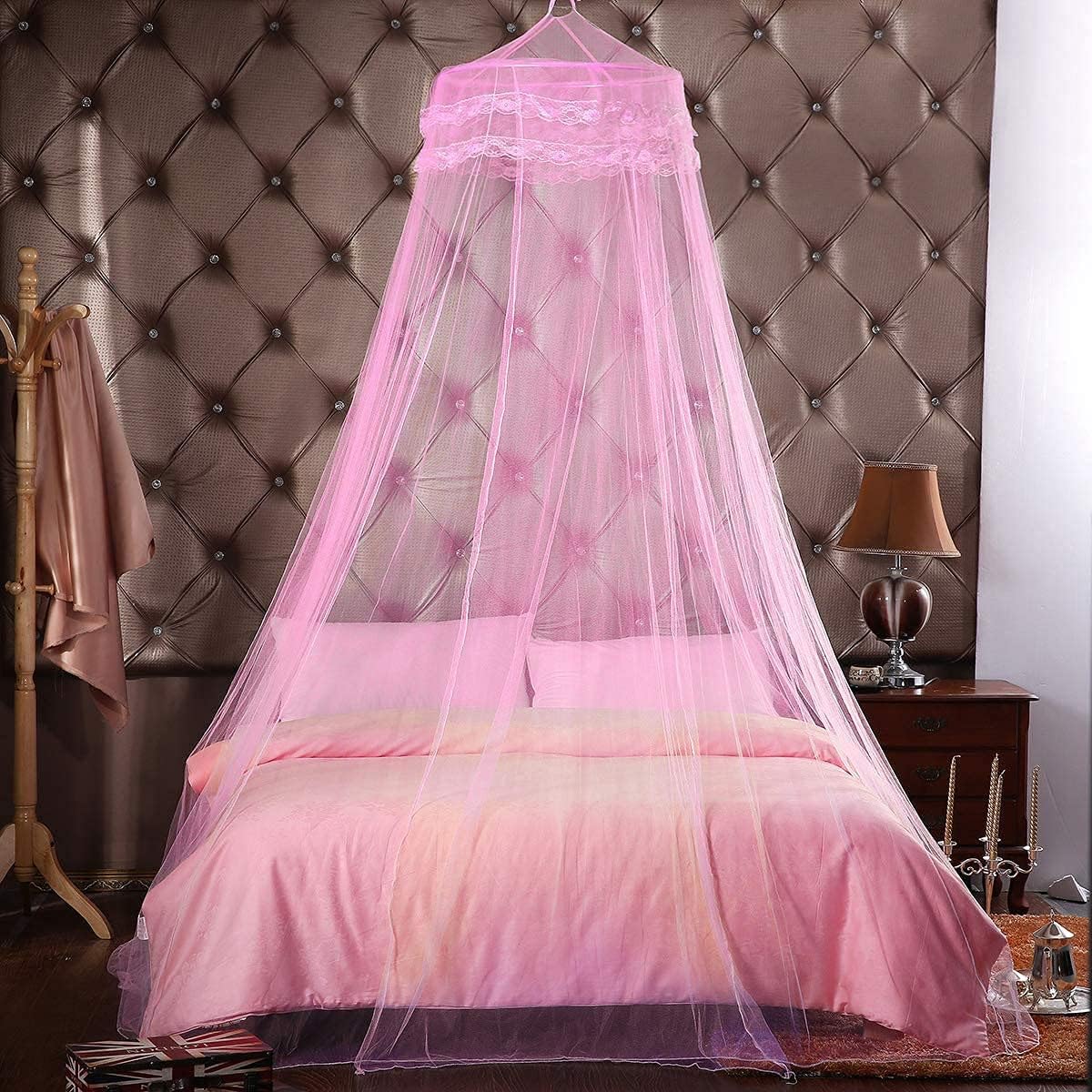 Mosquito Net Canopy for Double & Single Beds, Princess Dome Bed Tent with Adhesive Hook & Travel Bag, 60x260x1100 cm, Pink - ct Protection & Sleep Comfort