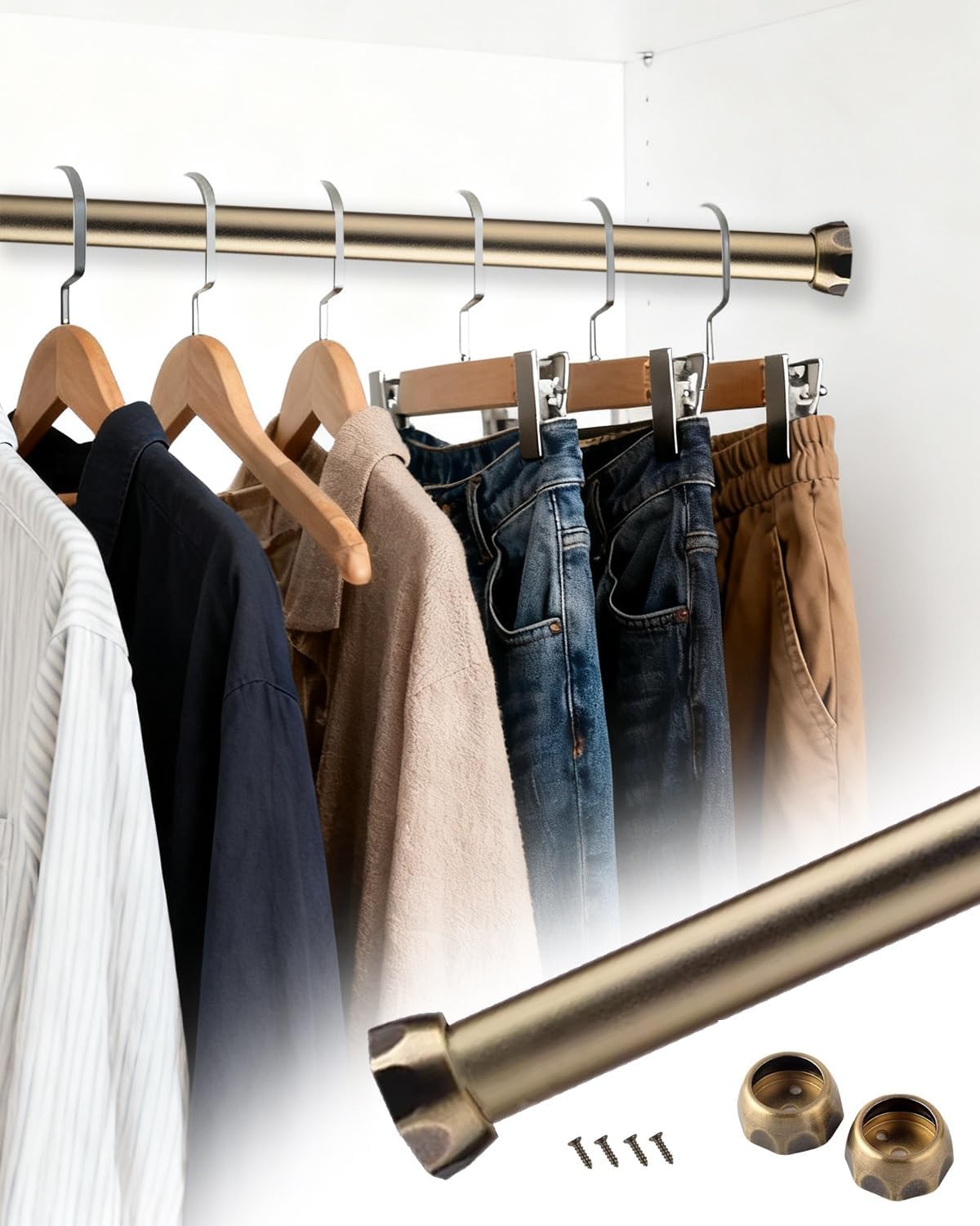 Champagne Bronze Closet Rod - Space-Saving Wall Pole for Clothes Hanging, 24-72 Inch Adjustable Metal Hanger Bar for Laundry Room & Cloakroom (70 Inch/178cm)