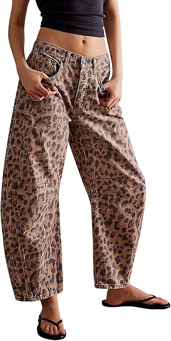 EZAPINE Women Leopard Barrel Jeans Casual Wide Leg Baggy Pants Y2k Boyfriend Mid Rise Denim Ankle Pants