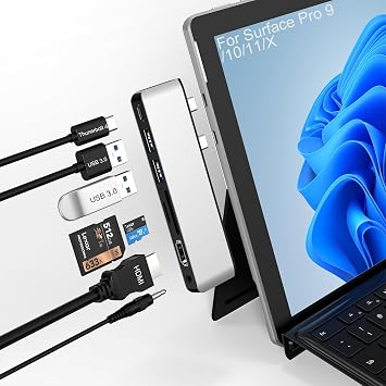 Surface Pro 9/10/11/X Docking Station, Surface Pro 11 USB Hub with 4K HDMI, USB-C Thunderbolt 4 Display+Data+100W PD, 2 USB 3.0, 3.5mm Audio, SD/TF Card Slot for Surface Pro 9/10/ 11/ X