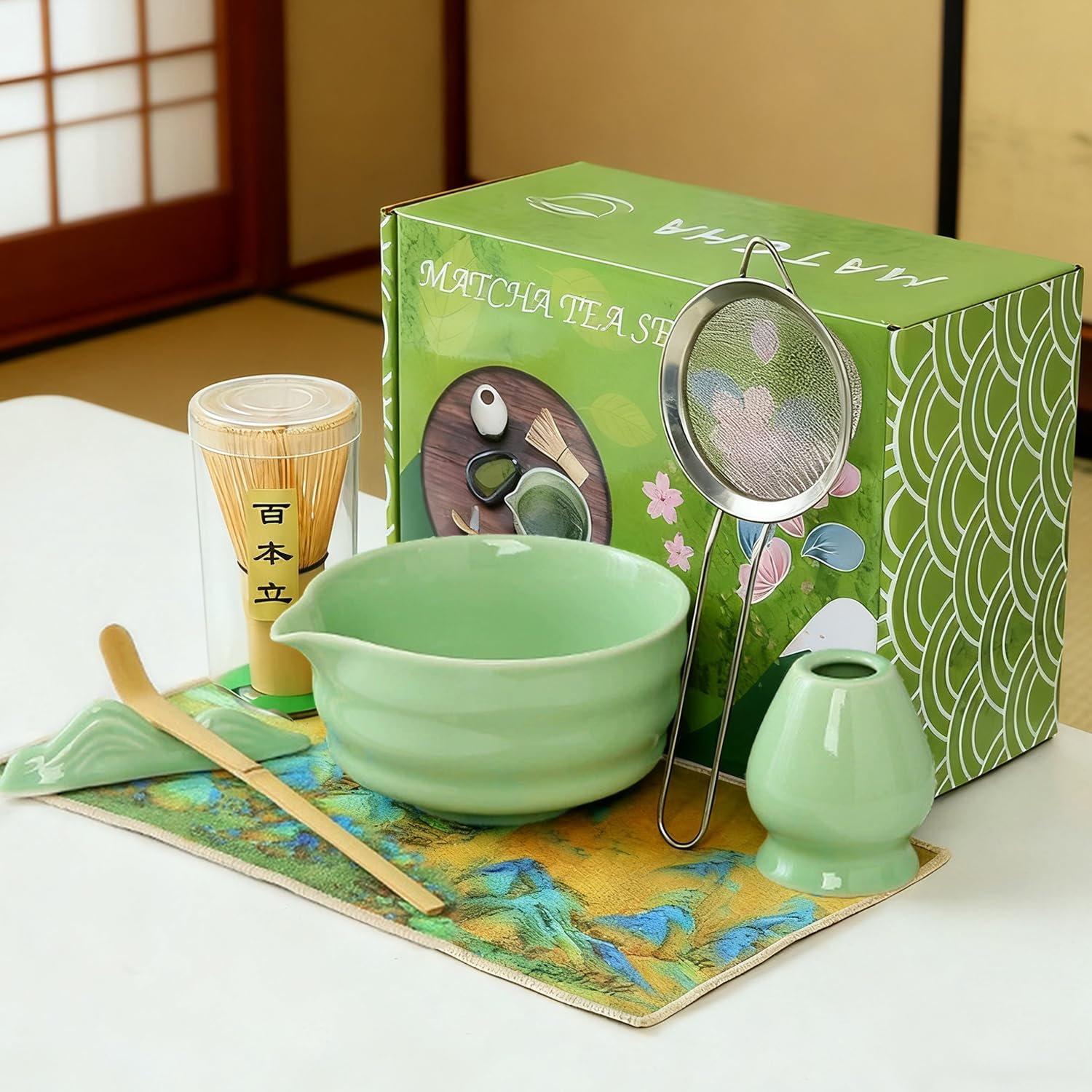 Matcha Tea Ceremony Set 7 Piece Chasen Whisk Chawan Bowl Strainer Green